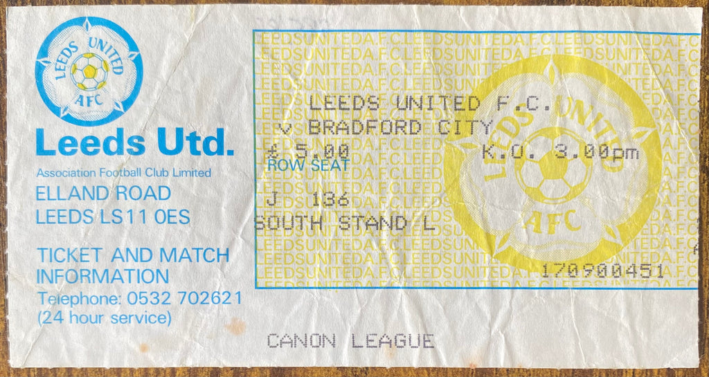 1985/86 ORIGINAL DIVISION TWO TICKET LEEDS UNITED V BRADFORD CITY