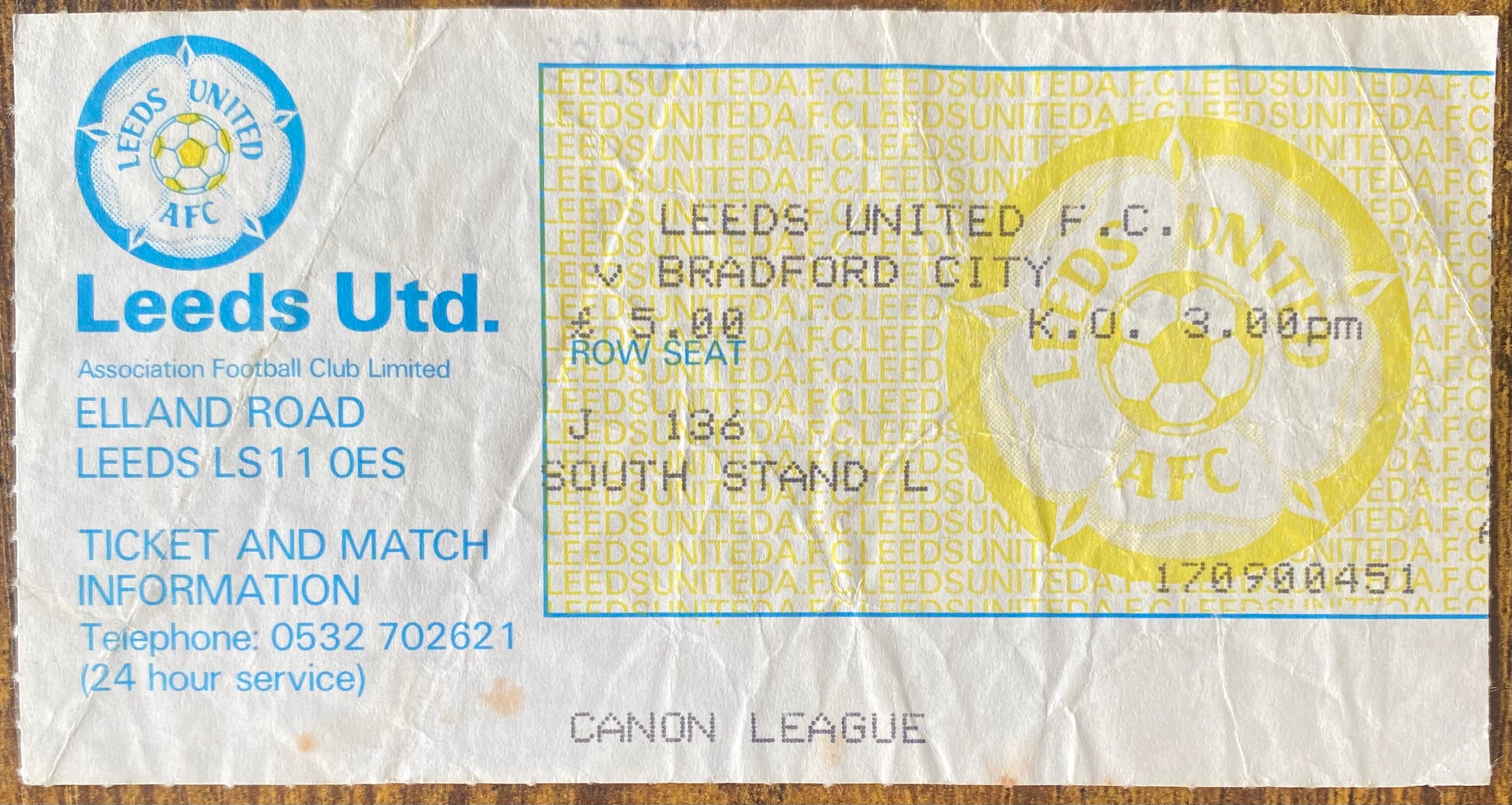 1985/86 ORIGINAL DIVISION TWO TICKET LEEDS UNITED V BRADFORD CITY