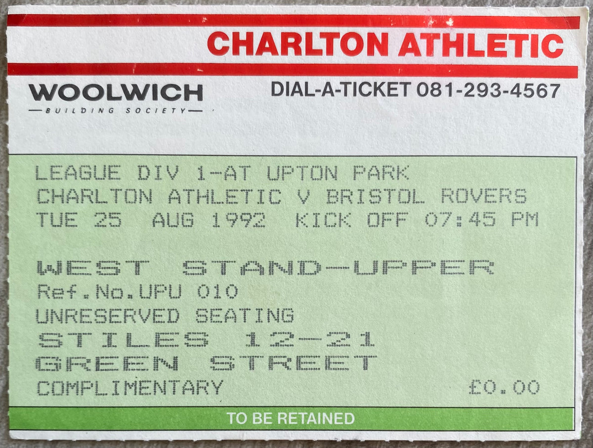 1992/93 ORIGINAL DIVISION 1 TICKET CHARLTON ATHLETIC V BRISTOL ROVERS