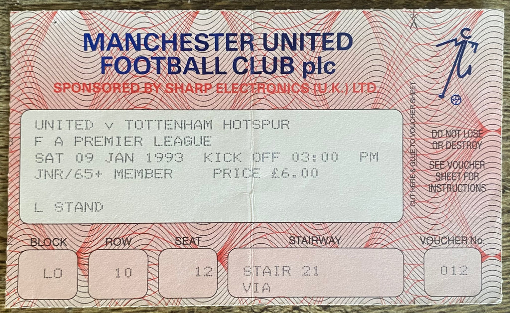 1992/93 ORIGINAL PREMIER LEAGUE TICKET  MANCHESTER UNITED V TOTTENHAM HOTSPUR