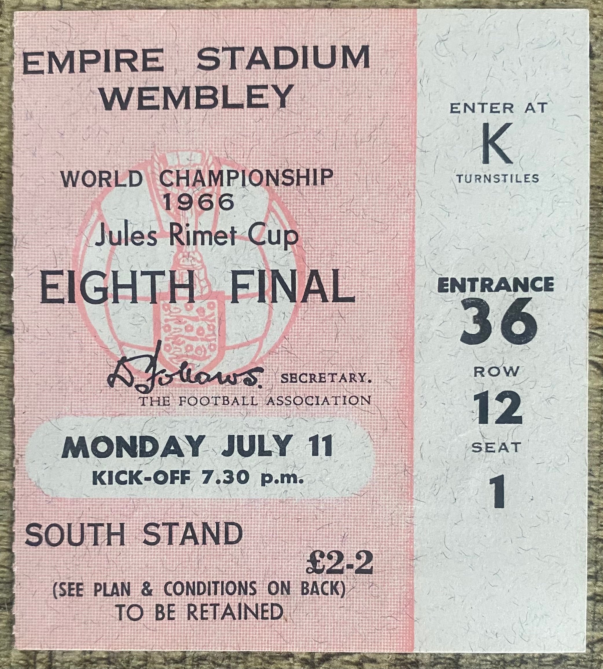1966 ORIGINAL WORLD CUP 1ST ROUND TICKET ENGLAND V URUGUAY @ WEMBLEY