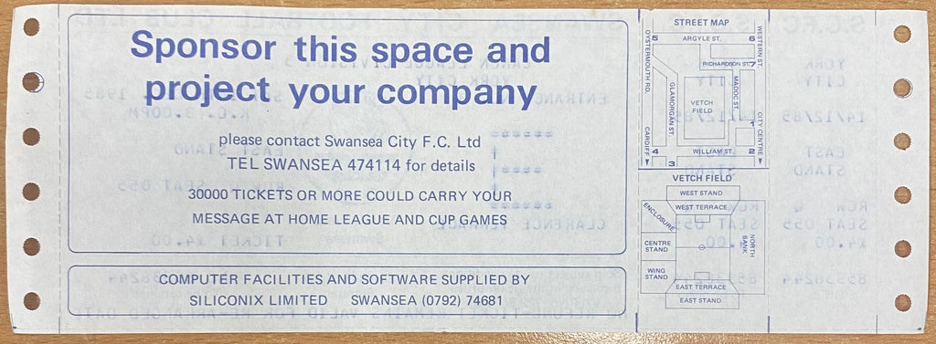 1985/86 ORIGINAL DIVISION 3 UNUSED TICKET SWANSEA CITY V YORK CITY