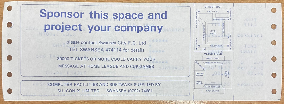 1985/86 ORIGINAL DIVISION 3 UNUSED TICKET SWANSEA CITY V YORK CITY