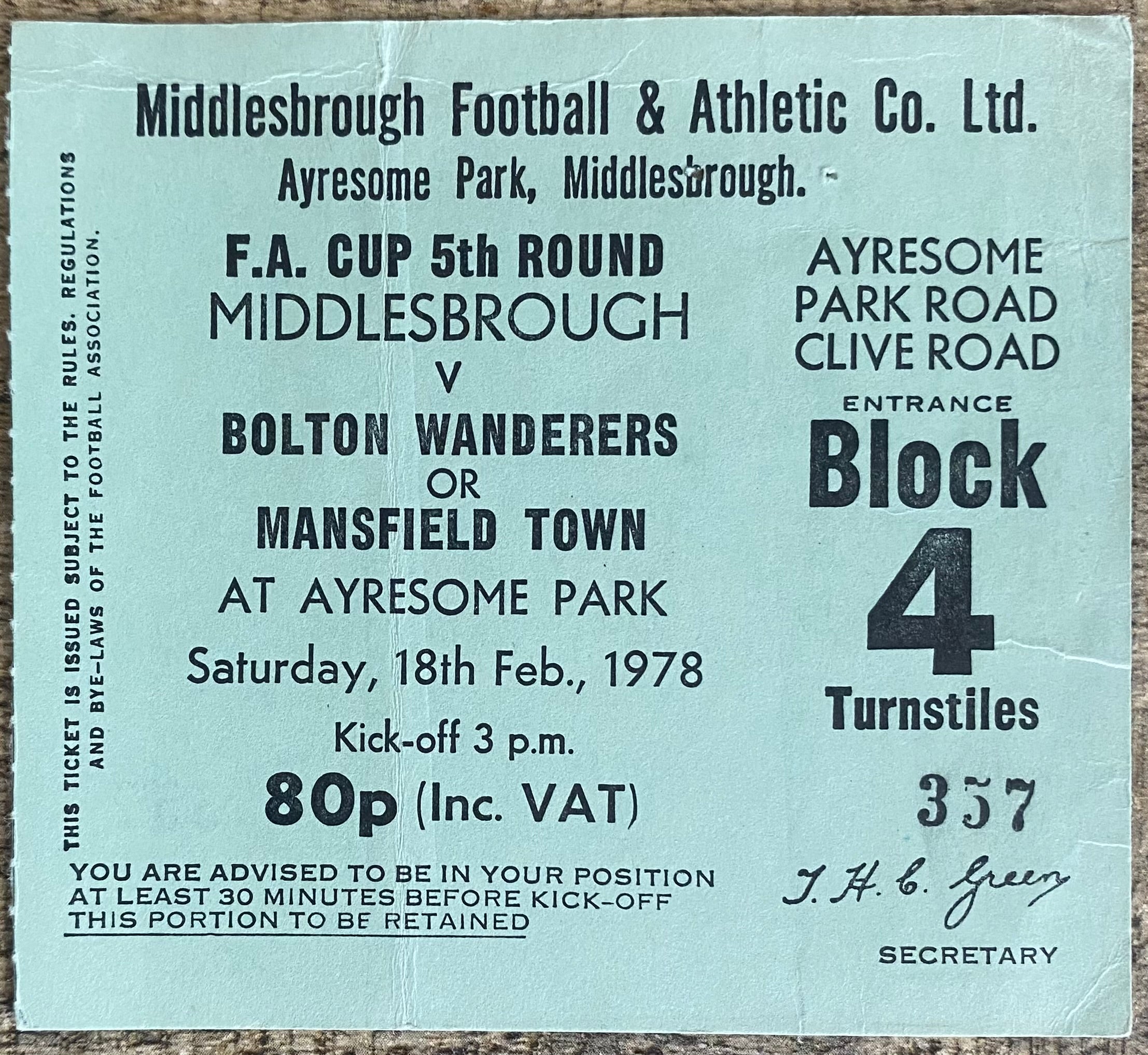 1977/78 ORIGINAL FA CUP 5TH ROUND TICKET MIDDLESBROUGH V BOLTON WANDERERS