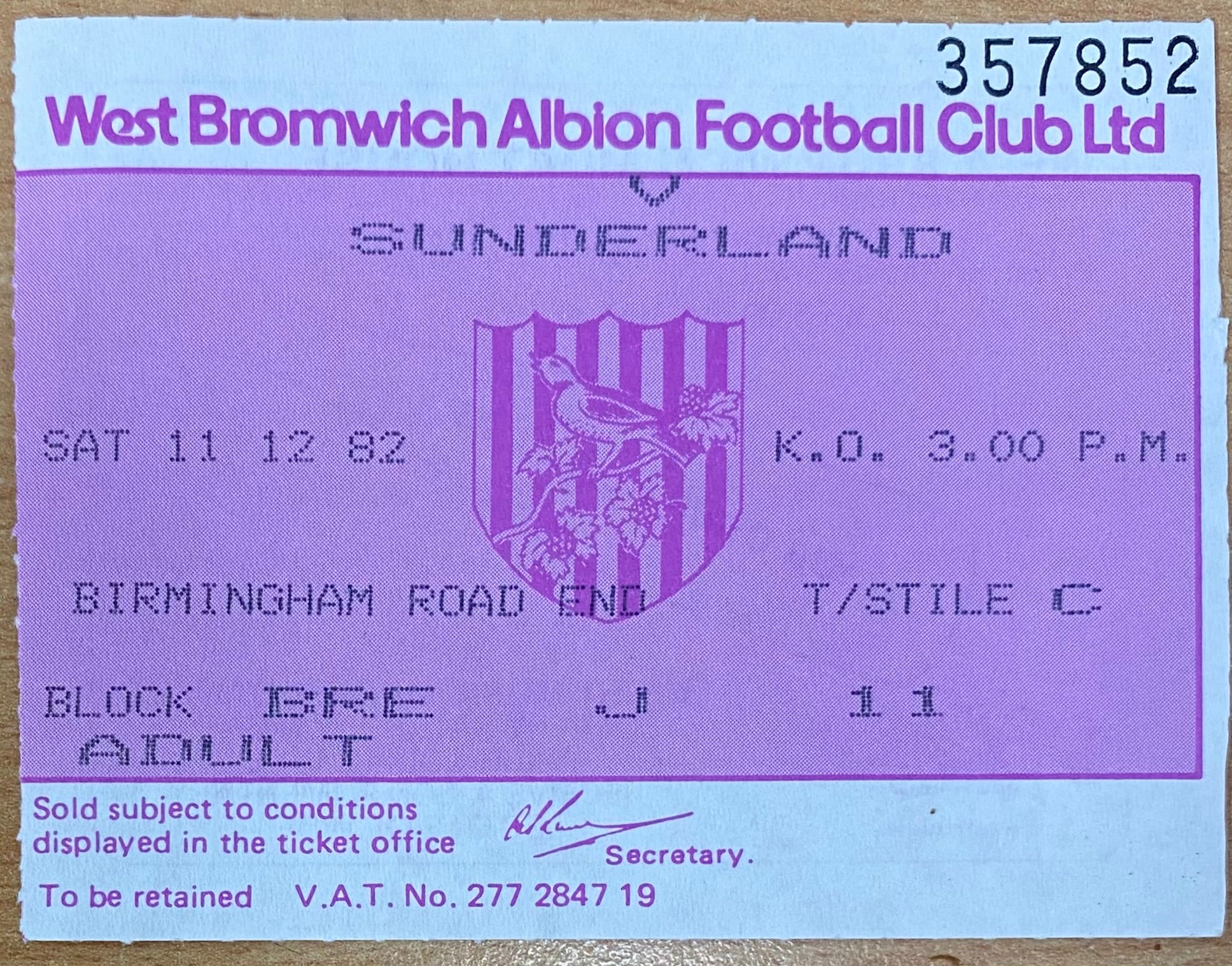 1982/83 ORIGINAL DIVISION 1 TICKET WEST BROMWICH ALBION V SUNDERLAND