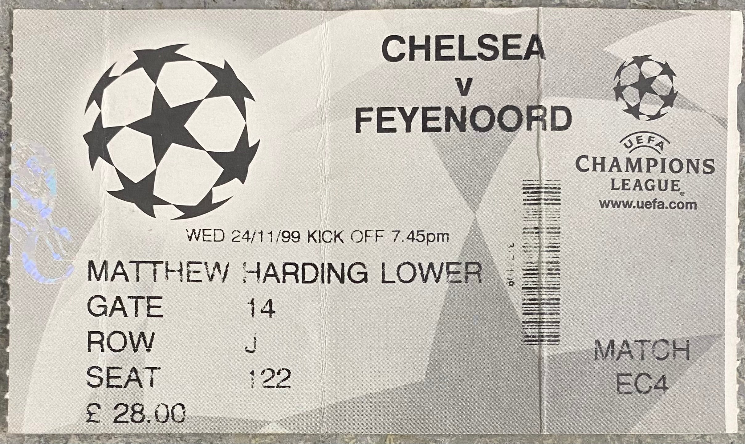 1999/2000 ORIGINAL CHAMPIONS LEAGUE PHASE 2 GROUP D TICKET CHELSEA V FEYENOORD