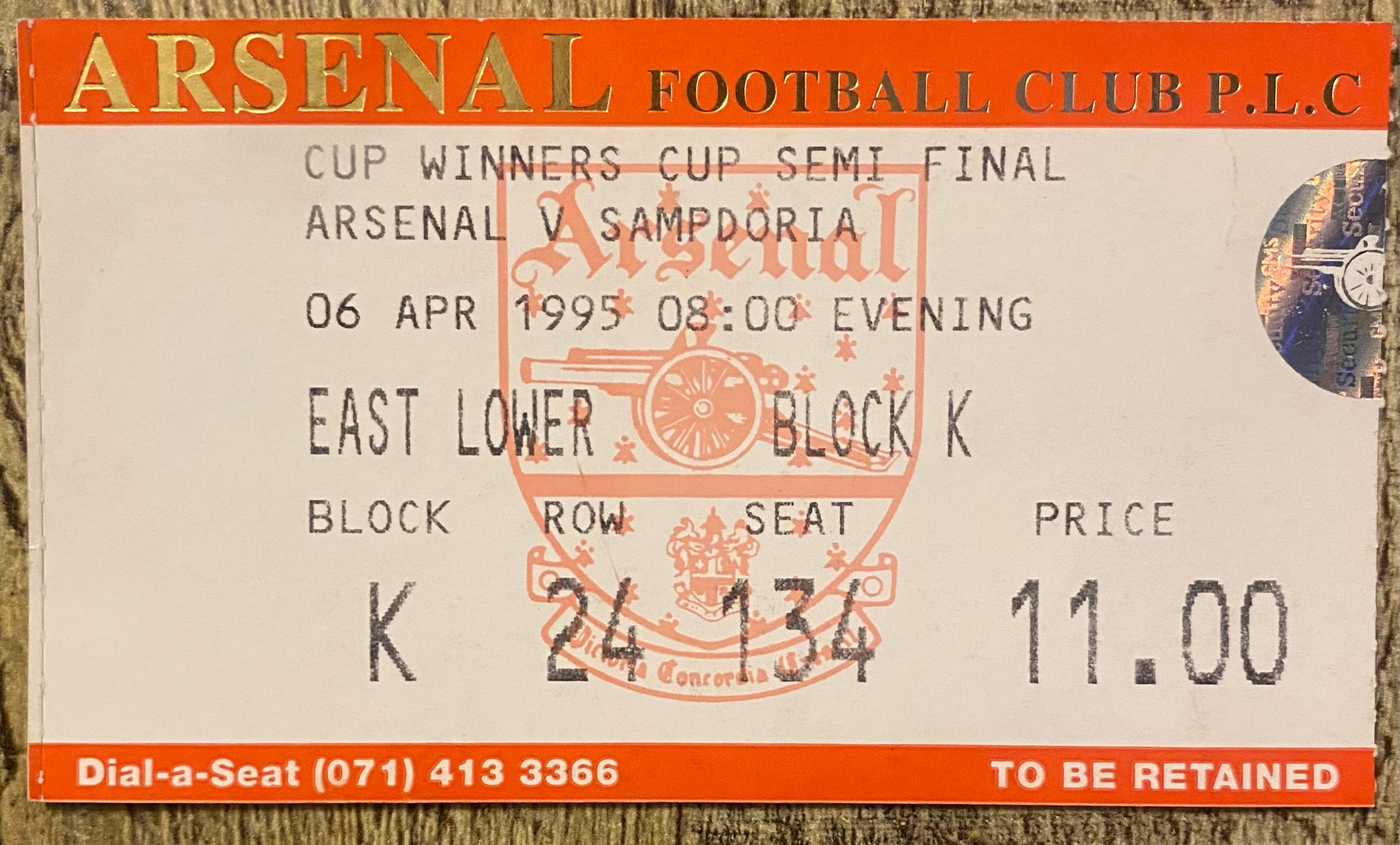 1994/95 ORIGINAL EUROPEAN CUP WINNERS CUP SEMI FINAL 1ST LEG TICKET ARSENAL V SAMPDORIA