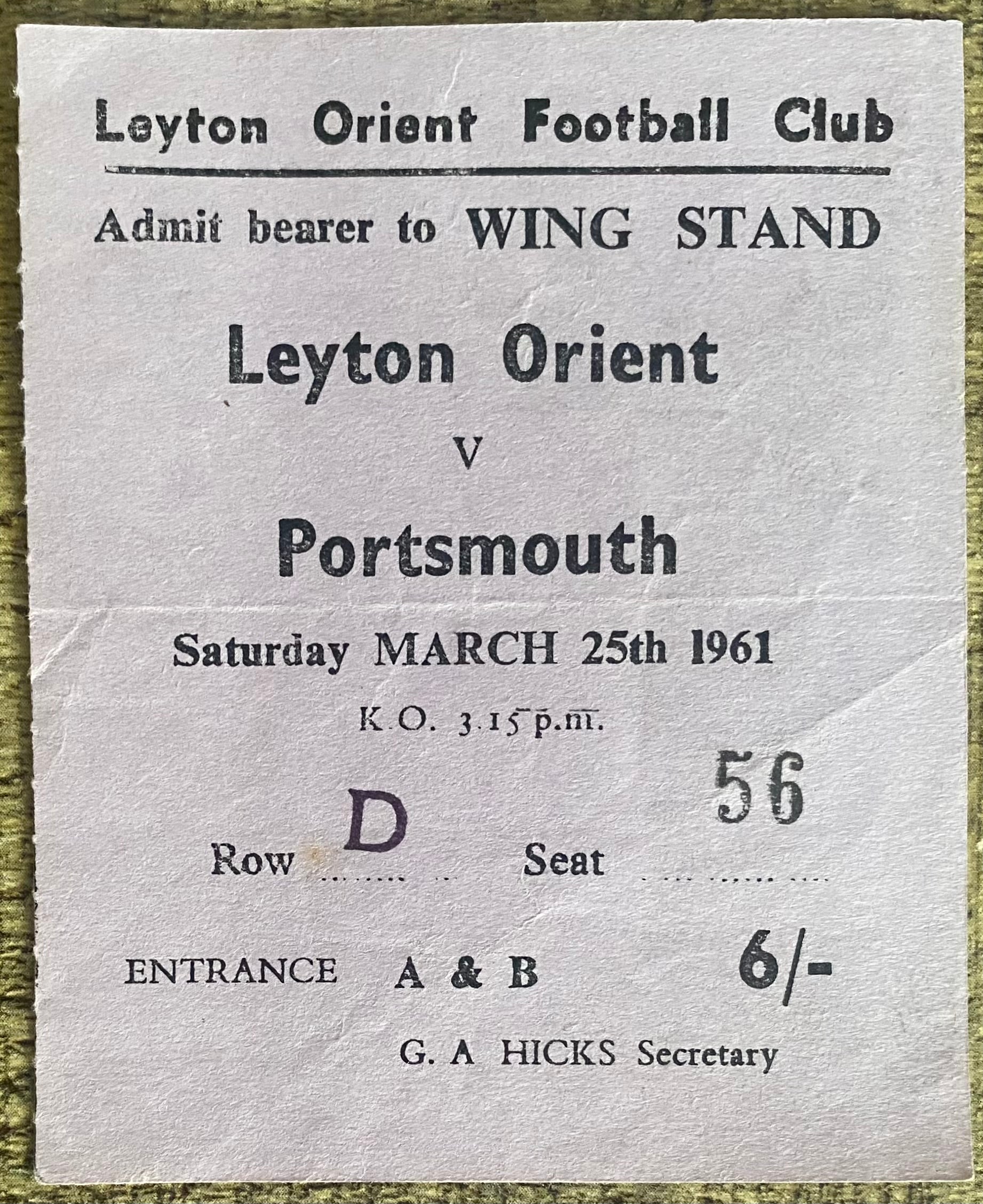 1960/61 ORIGINAL DIVISION 2 TICKET LEYTON ORIENT V PORTSMOUTH
