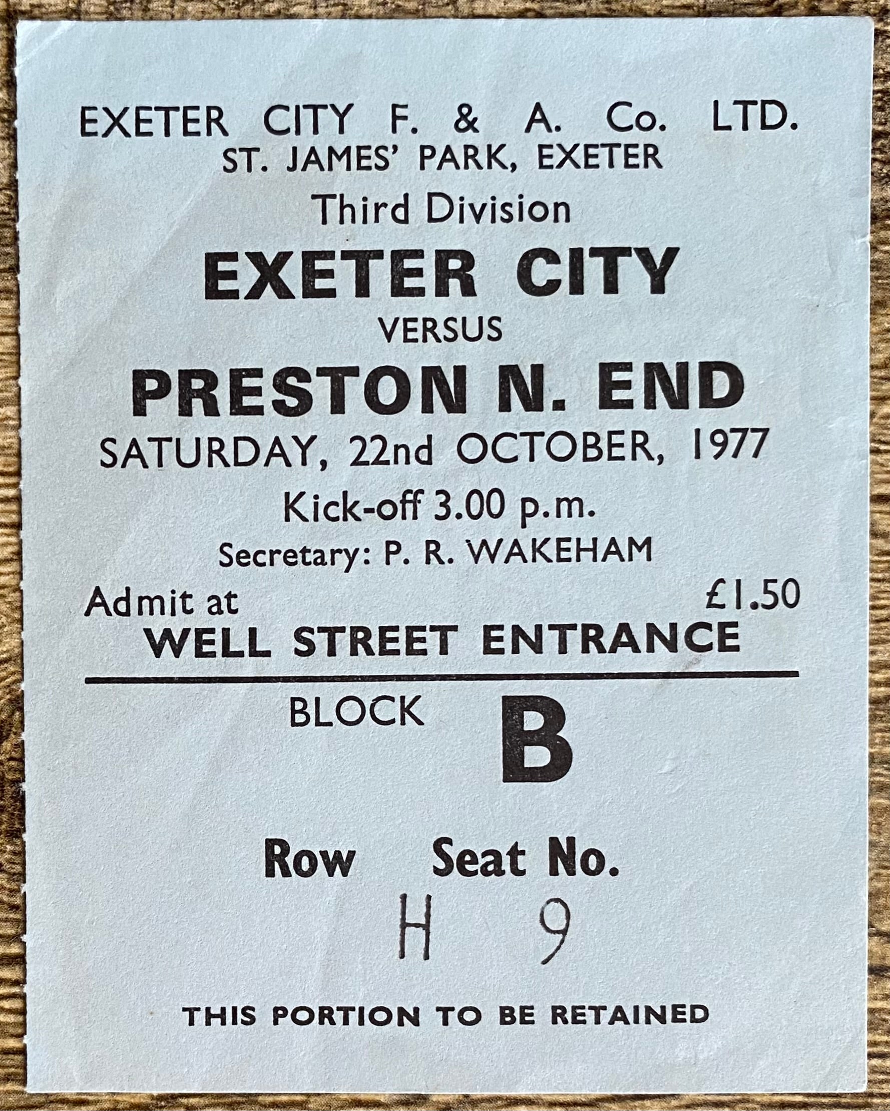 1977/78  ORIGINAL DIVISION 3 TICKET EXETER CITY V PRESTON NORTH END