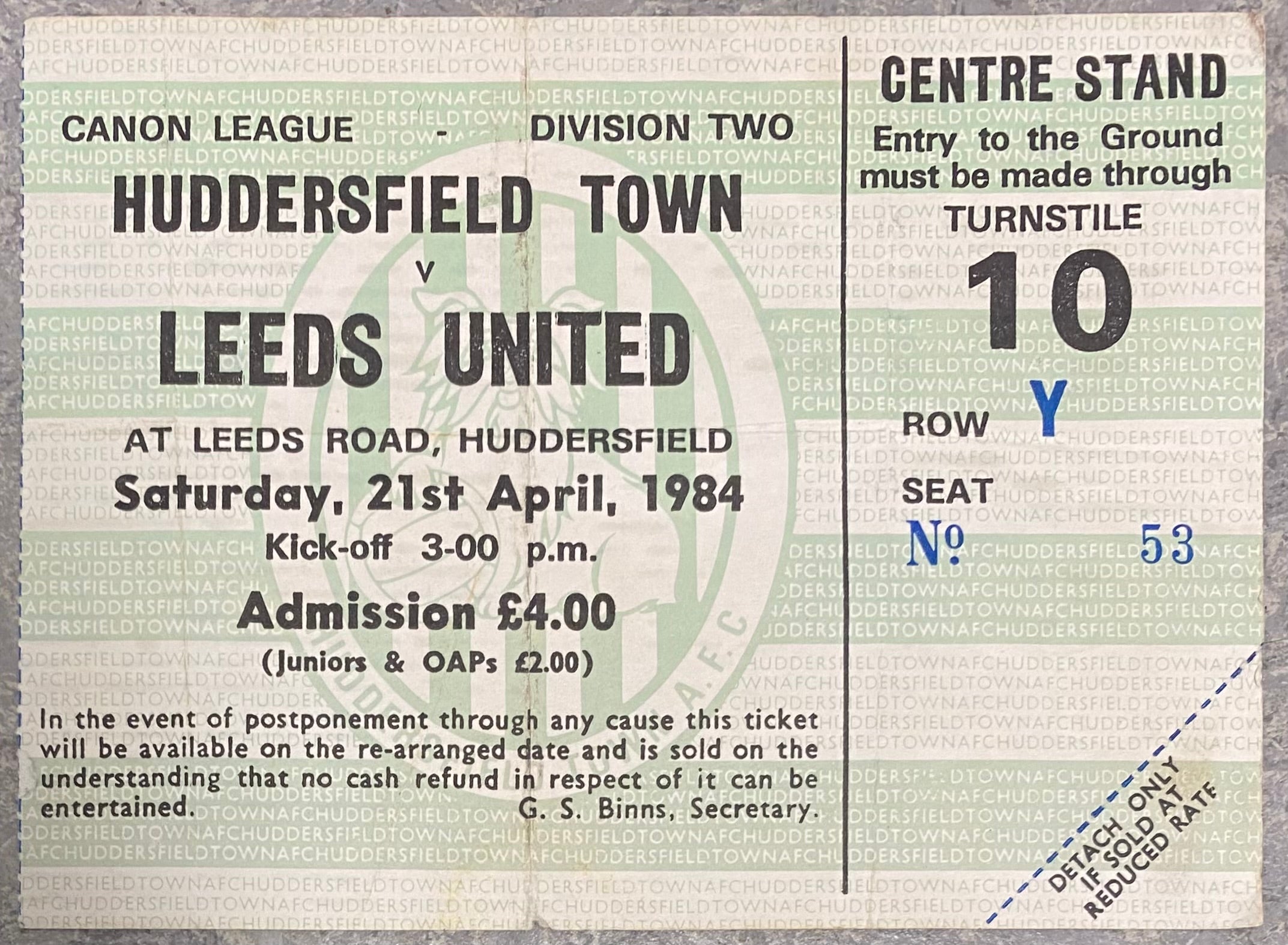 1983/84 ORIGINAL DIVISION TWO TICKET HUDDERSFIELD TOWN V LEEDS UNITED