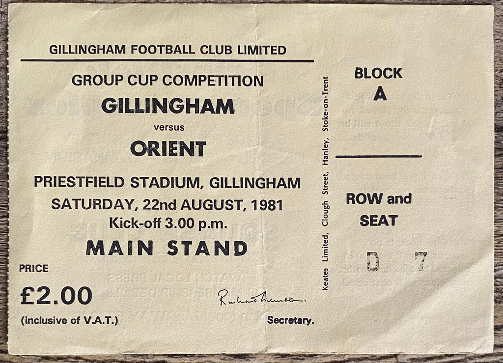 1981/82 ORIGINAL FOOTBALL LEAGUE GROUP CUP TICKET GILLINGHAM V ORIENT