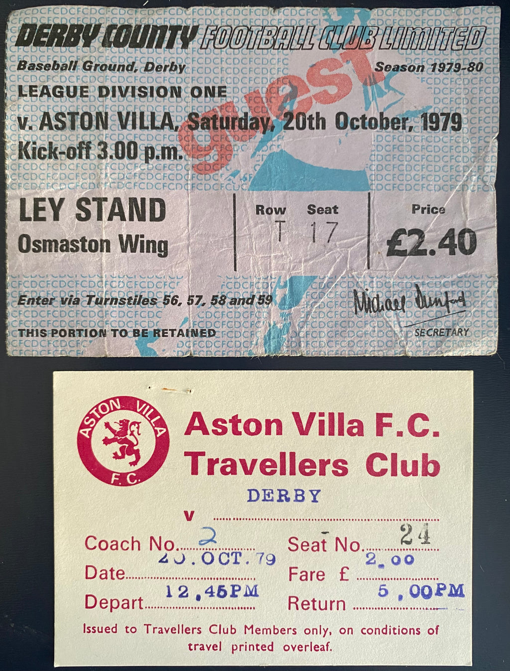 1979/80 ORIGINAL DIVISION 1 TICKET DERBY COUNTY V ASTON VILLA + TRAVEL TICKET