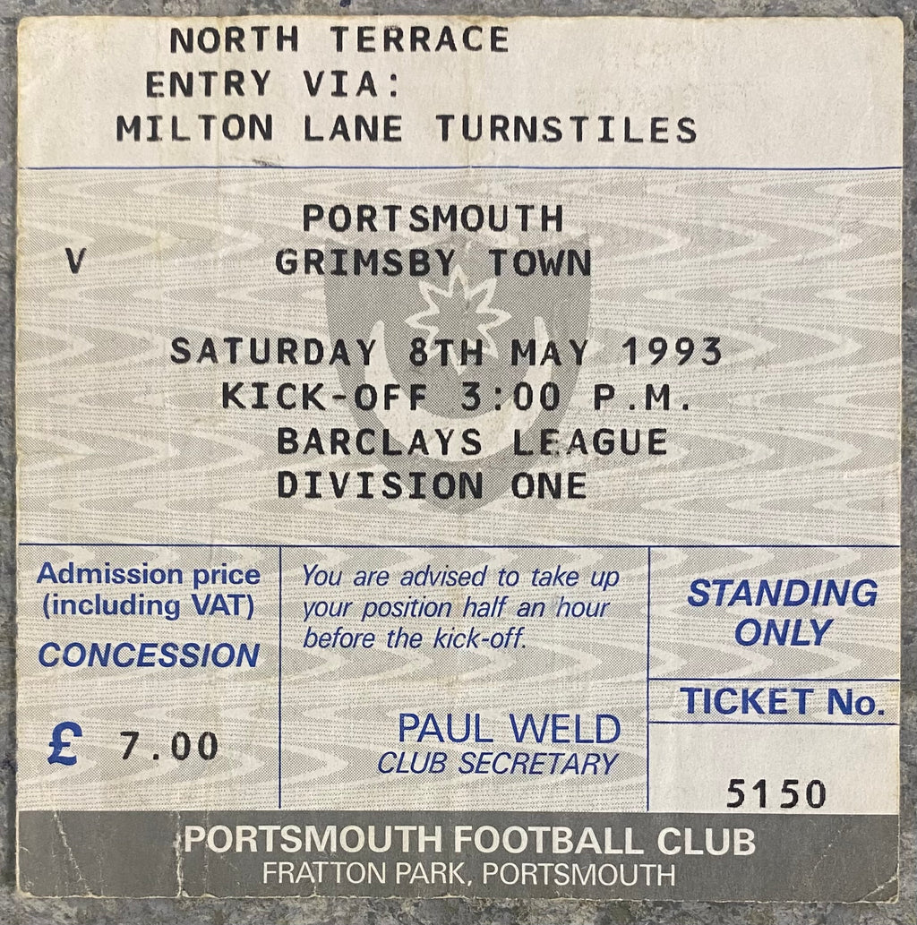 1992/93 ORIGINAL DIVISION 1 TICKET PORTSMOUTH V GRIMSBY TOWN