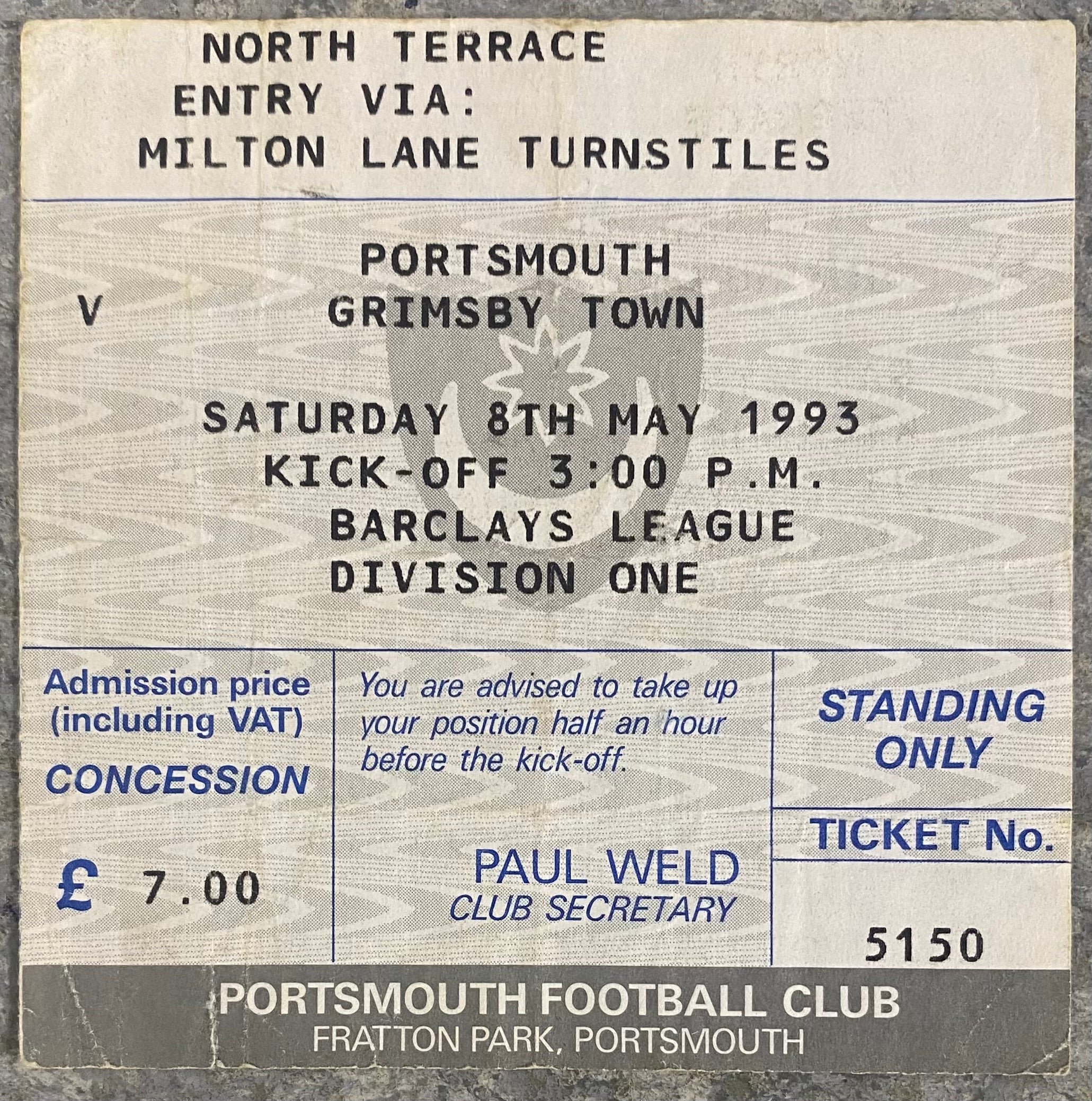 1992/93 ORIGINAL DIVISION 1 TICKET PORTSMOUTH V GRIMSBY TOWN