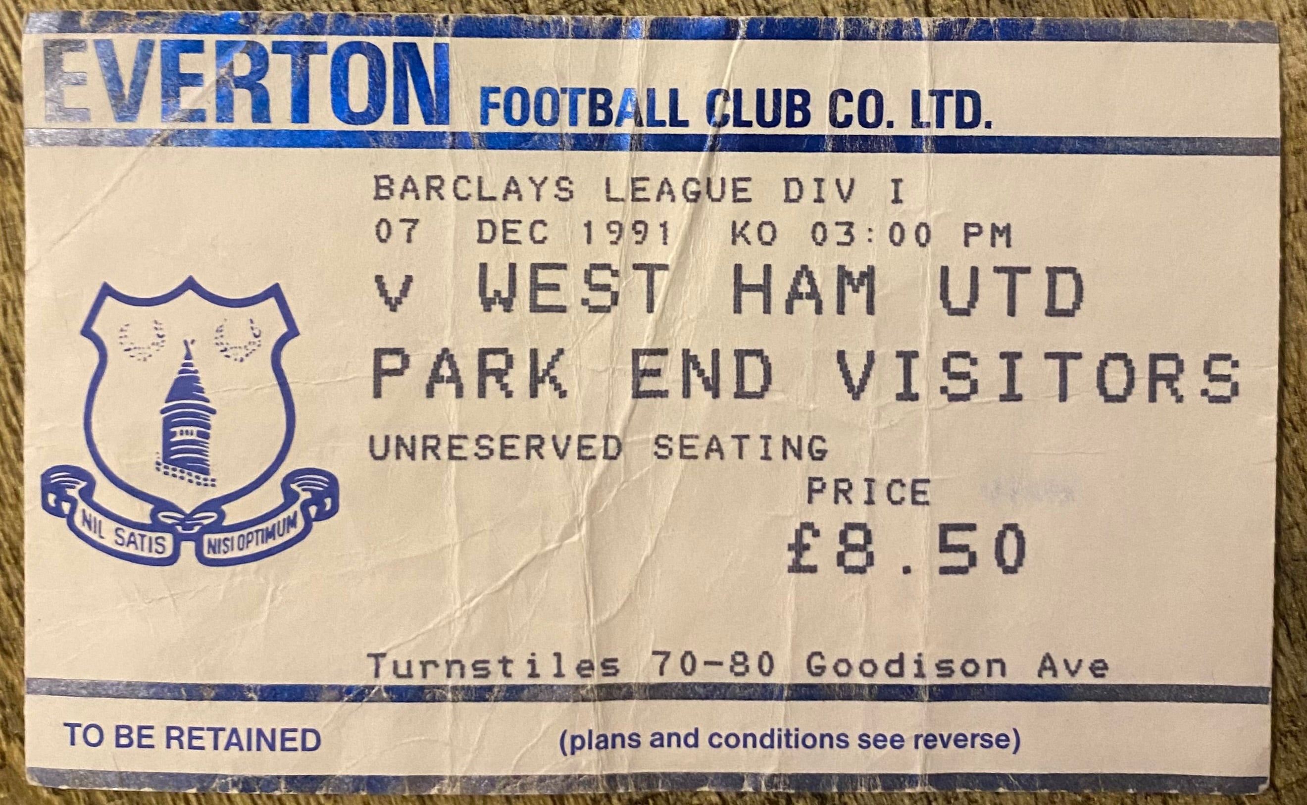 1991/92 ORIGINAL DIVISION ONE TICKET EVERTON V WEST HAM UNITED