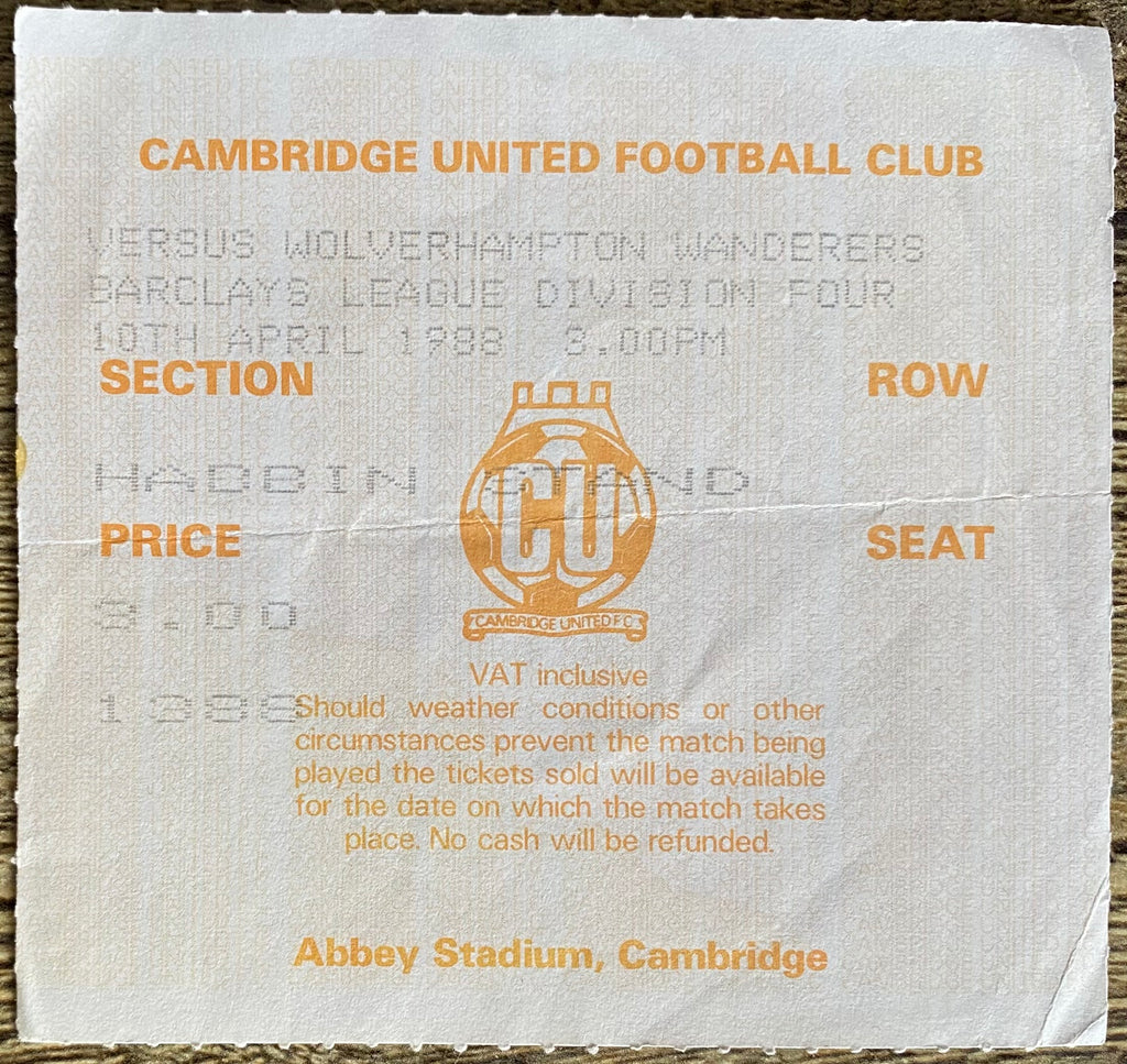 1987/88 ORIGINAL DIVISION 4 TICKET CAMBRIDGE UNITED V WOLVERHAMPTON WANDERERS