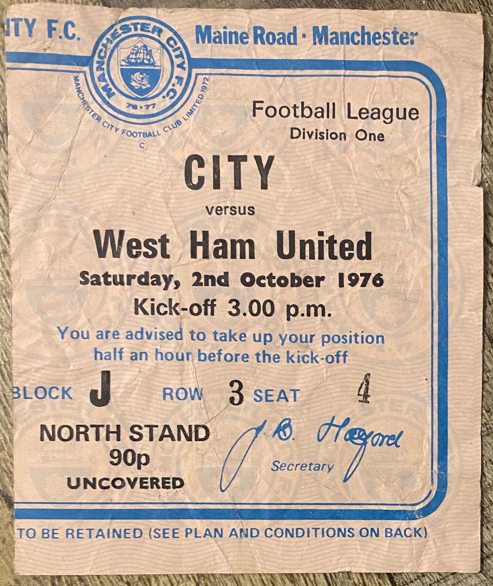 1976/77 ORIGINAL DIVISION 1 TICKET MANCHESTER CITY V WEST HAM UNITED