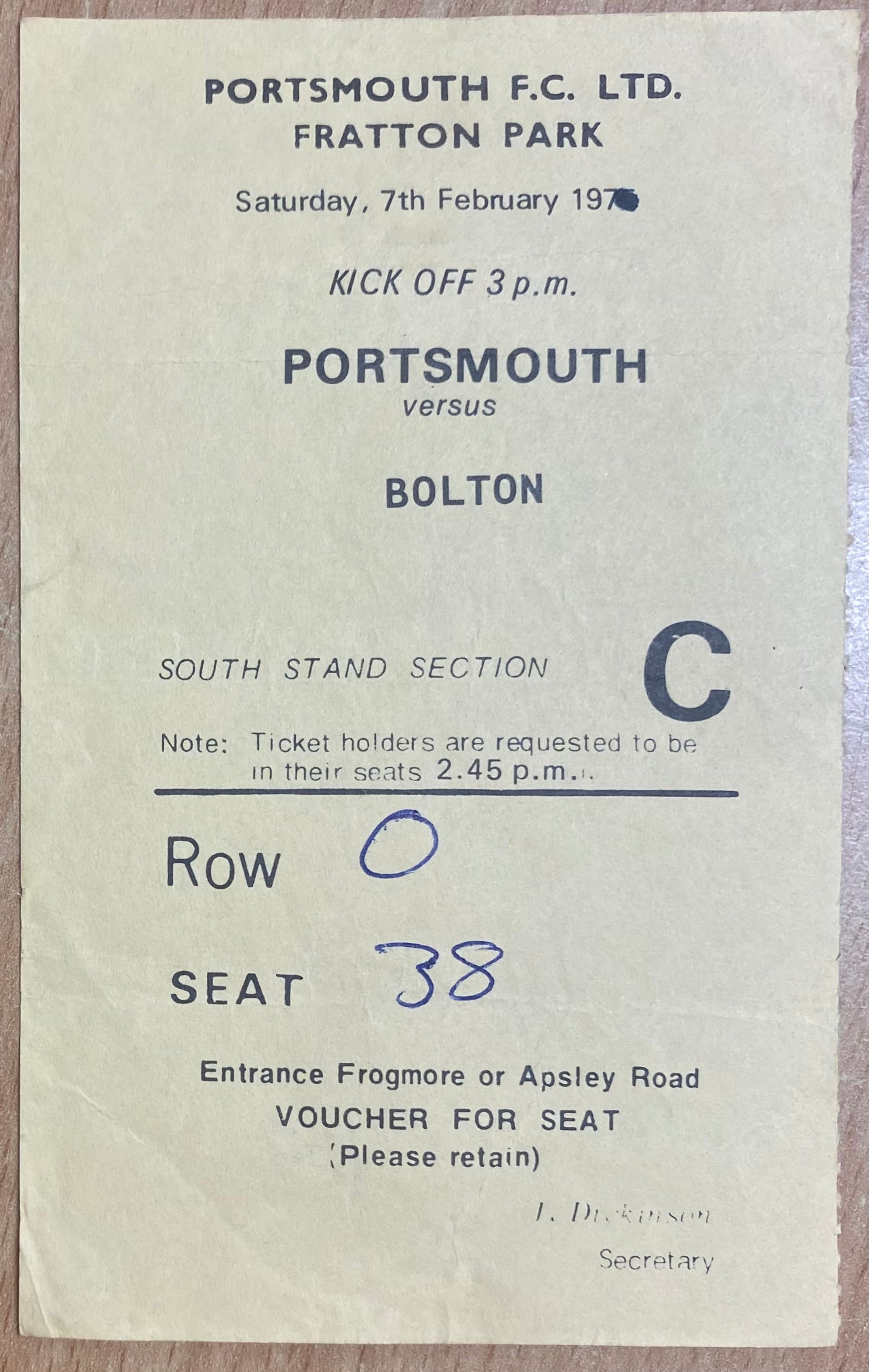 1975/76 ORIGINAL DIVISION 2 TICKET PORTSMOUTH V BOLTON WANDERERS