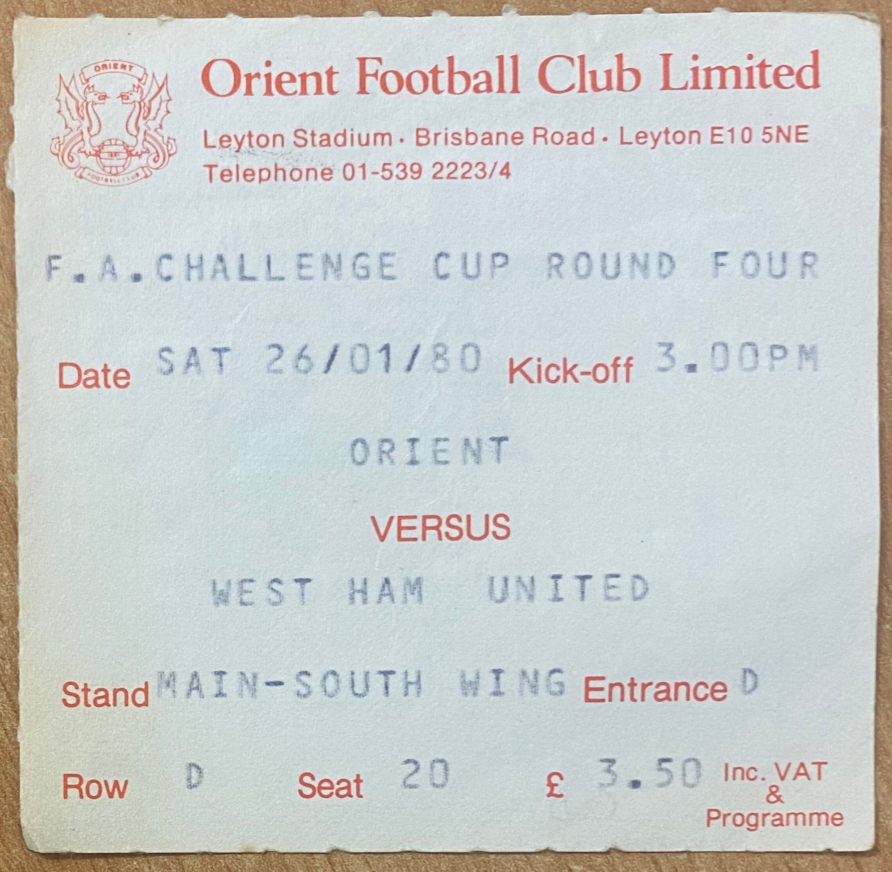 1979/80 ORIGINAL FA CUP 4TH ROUND TICKET ORIENT V WEST HAM UNITED