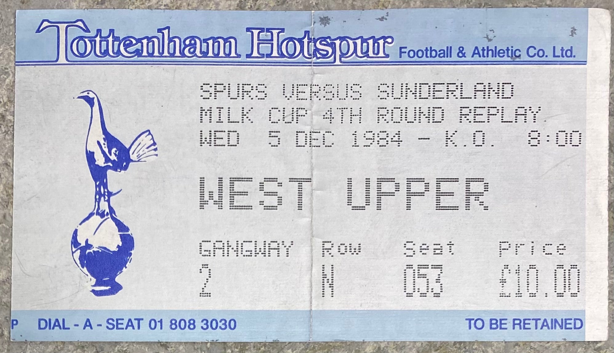 1984/85 ORIGINAL MILK CUP 4TH ROUND REPLAY TICKET TOTTENHAM HOTSPUR V SUNDERLAND