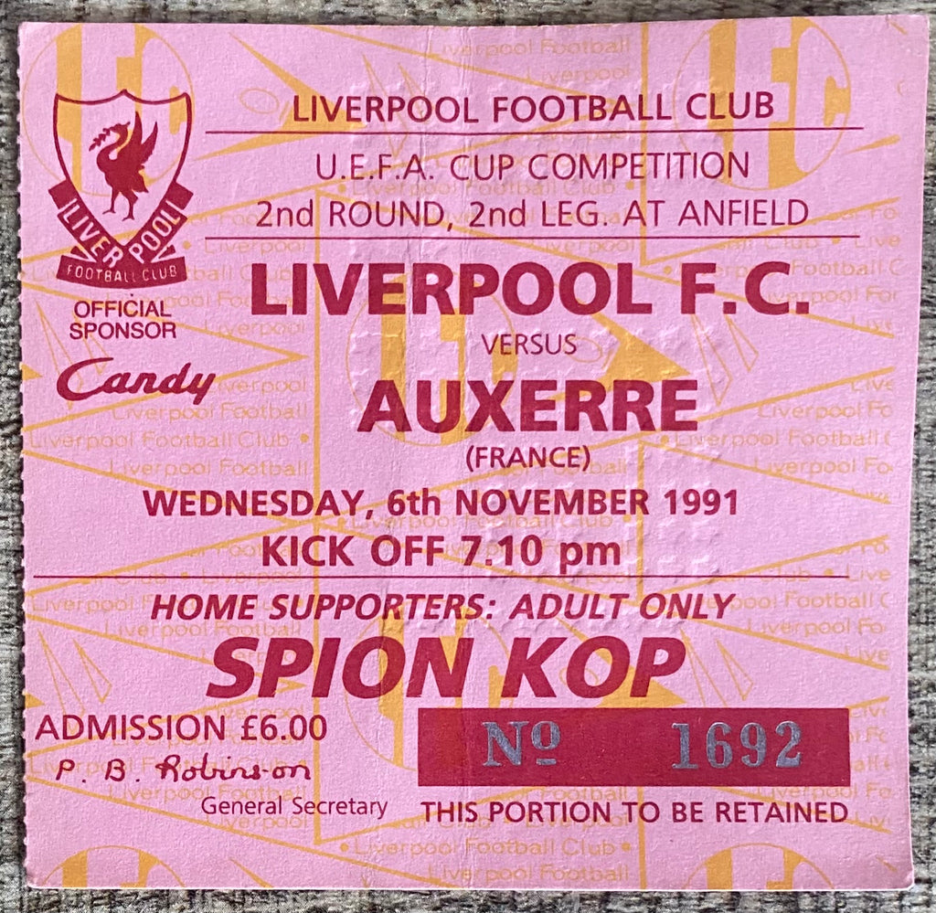 1991/92 ORIGINAL UEFA CUP 2ND ROUND 2ND LEG  TICKET LIVERPOOL V AUXERRE