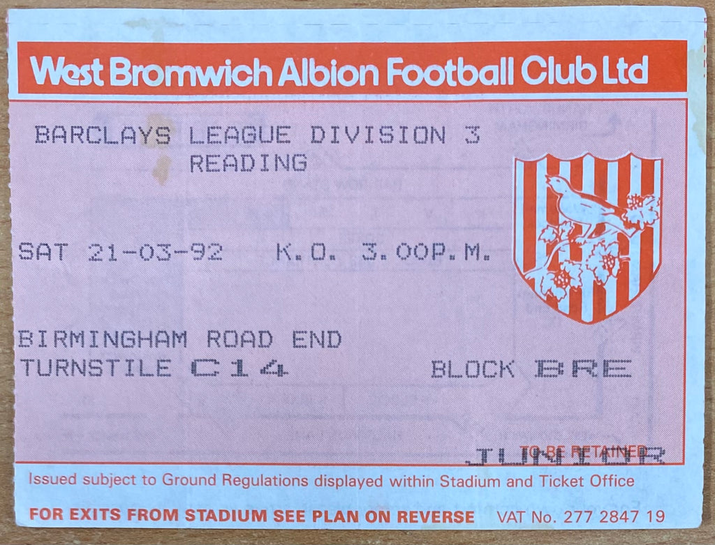 1991/92 ORIGINAL DIVISION 3 TICKET WEST BROMWICH ALBION V READING