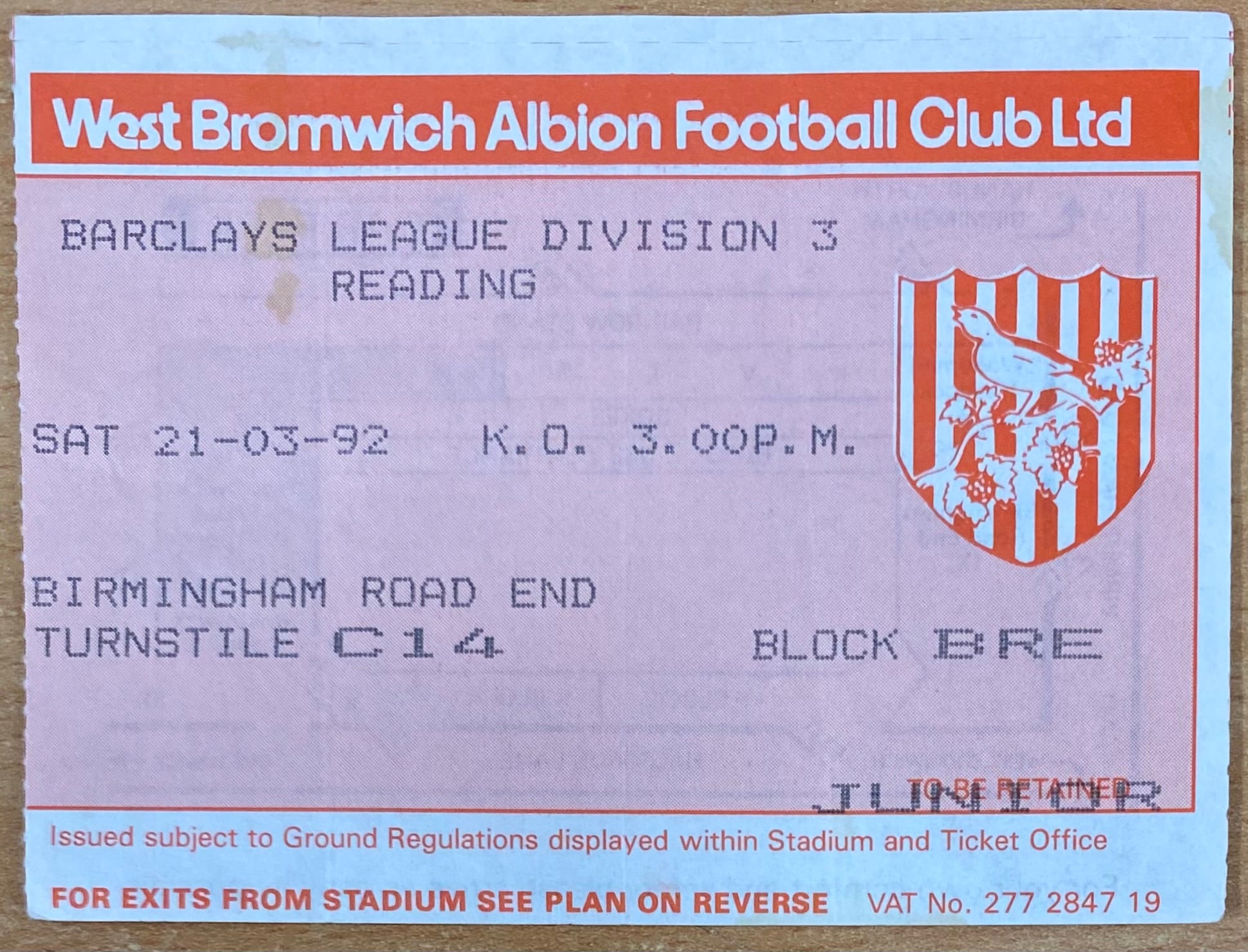 1991/92 ORIGINAL DIVISION 3 TICKET WEST BROMWICH ALBION V READING