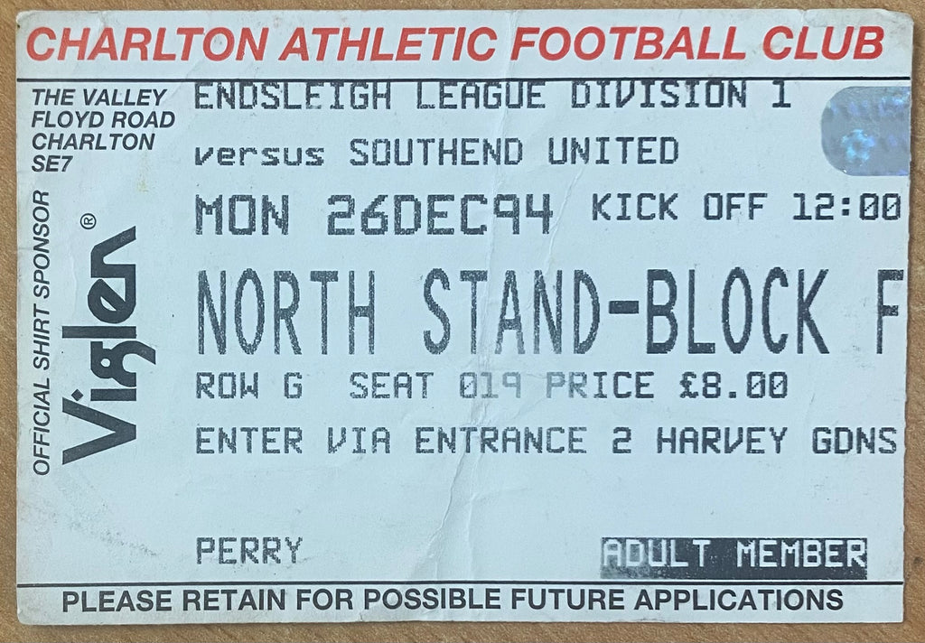 1994/95 ORIGINAL DIVISION 1 TICKET CHARLTON ATHLETIC V SOUTHEND UNITED