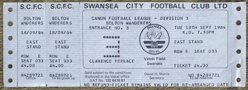 1984/85 ORIGINAL DIVISION 3 UNUSED TICKET SWANSEA CITY V BOLTON WANDERERS