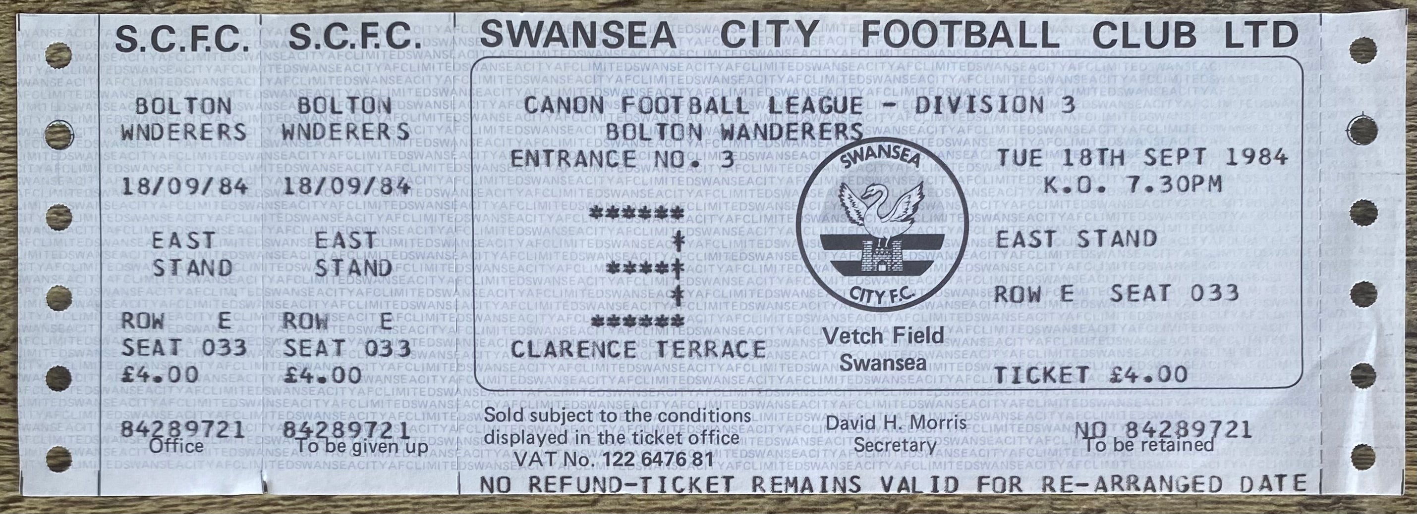 1984/85 ORIGINAL DIVISION 3 UNUSED TICKET SWANSEA CITY V BOLTON WANDERERS