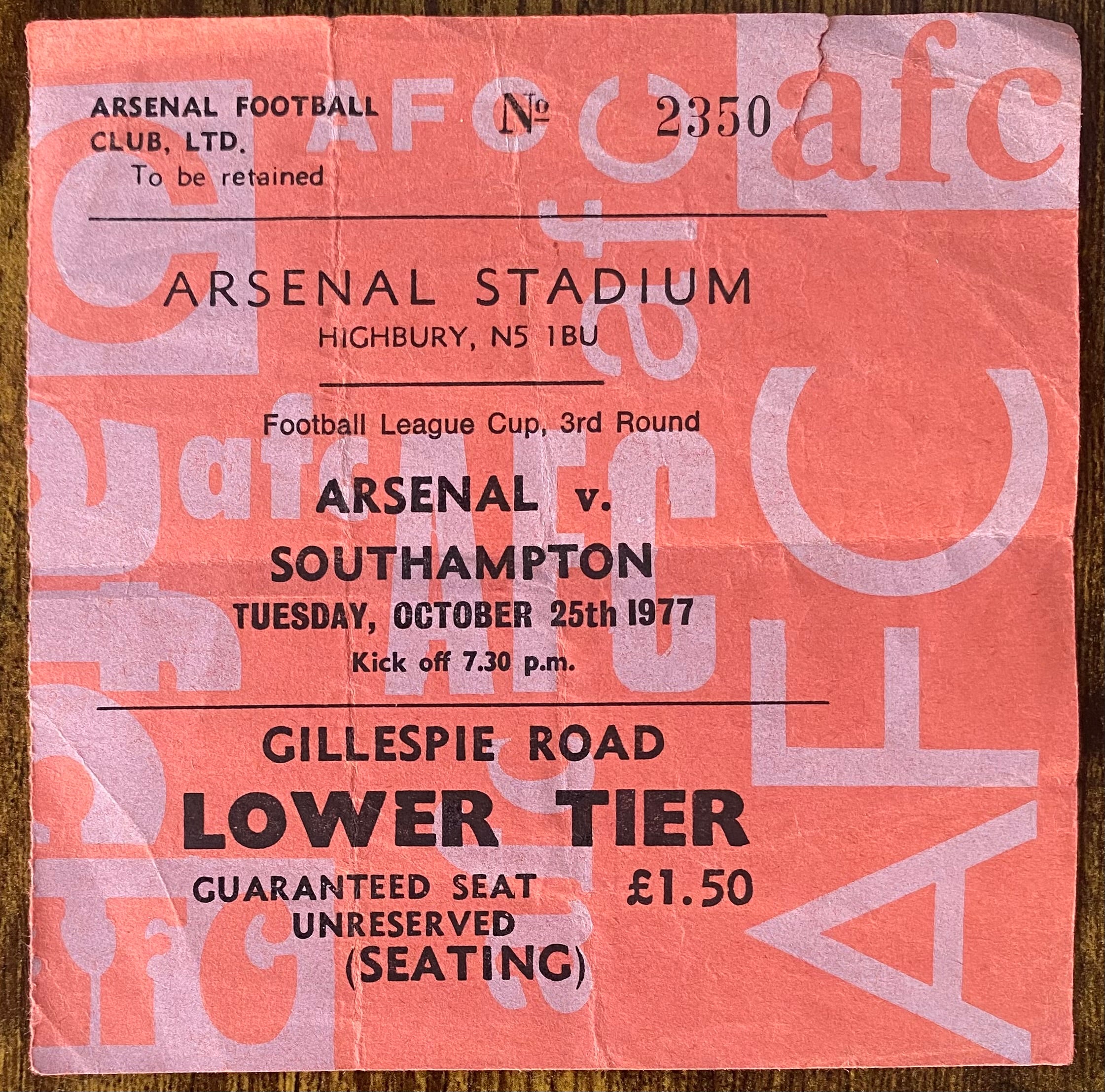 1977/78 ORIGINAL LEAGUE CUP 3RD ROUND TICKET ARSENAL V SOUTHAMPTON