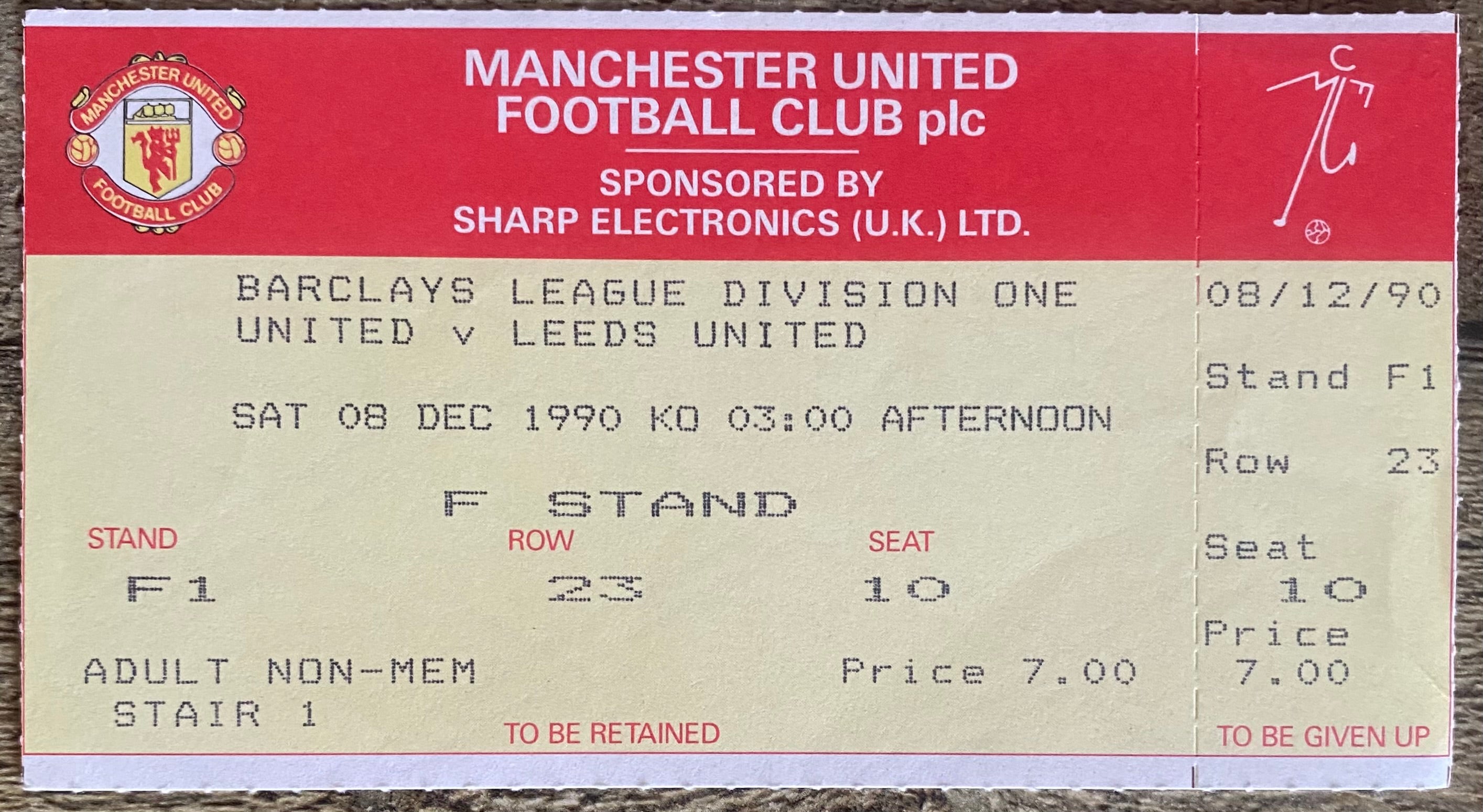 1990/91 ORIGINAL DIVISION ONE UNUSED TICKET MANCHESTER UNITED V LEEDS UNITED