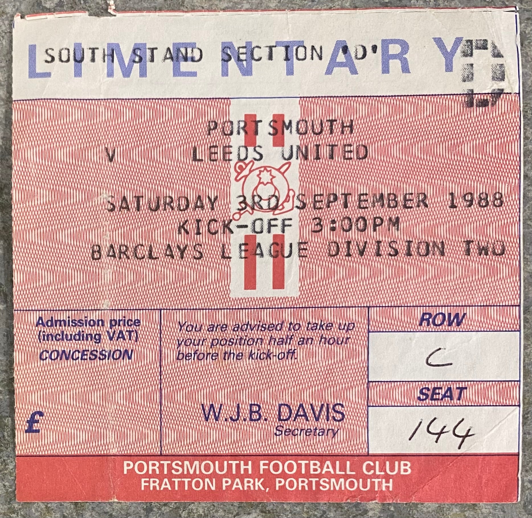 1988/89 ORIGINAL DIVISION 2 TICKET PORTSMOUTH V LEEDS UNITED