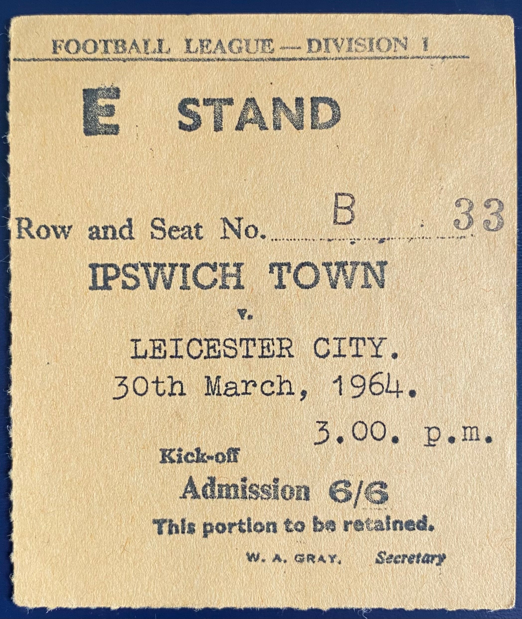 1963/64 ORIGINAL DIVISION 1 TICKET IPSWICH TOWN V LEICESTER CITY