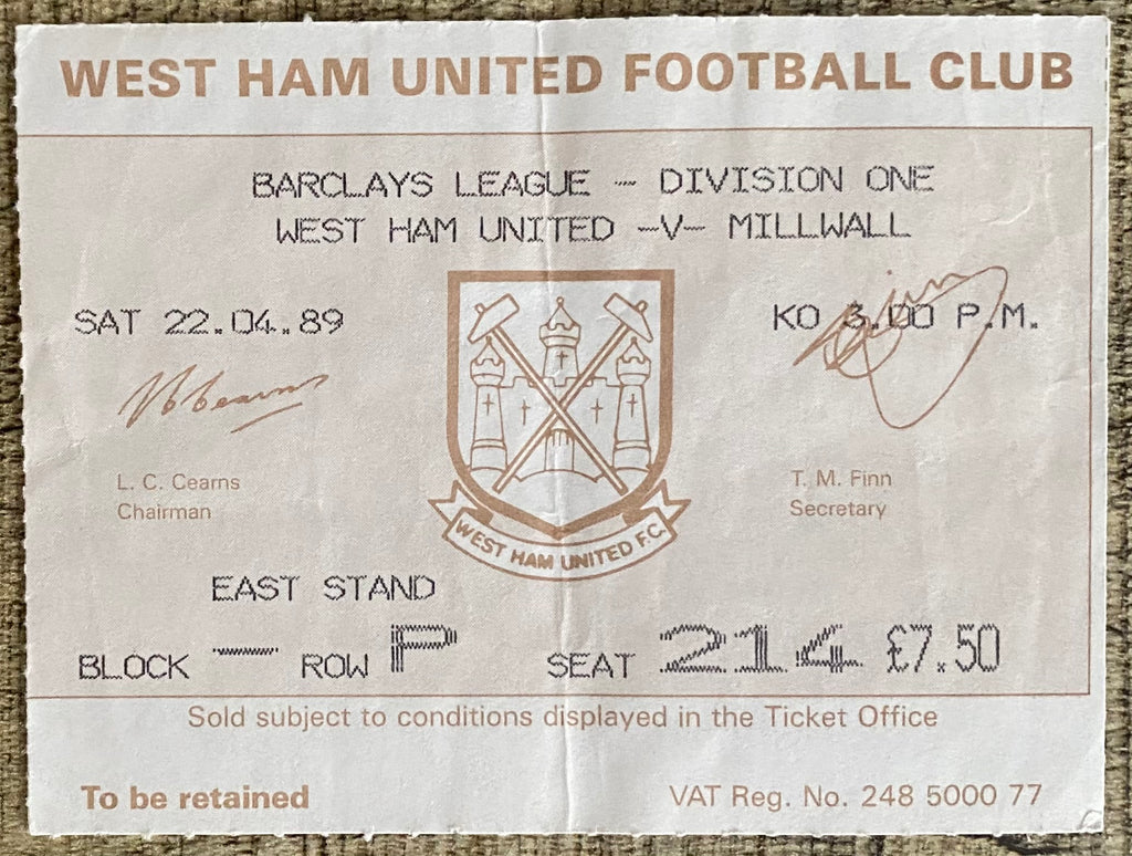 1988/89 ORIGINAL DIVISION ONE TICKET WEST HAM UNITED V MILLWALL
