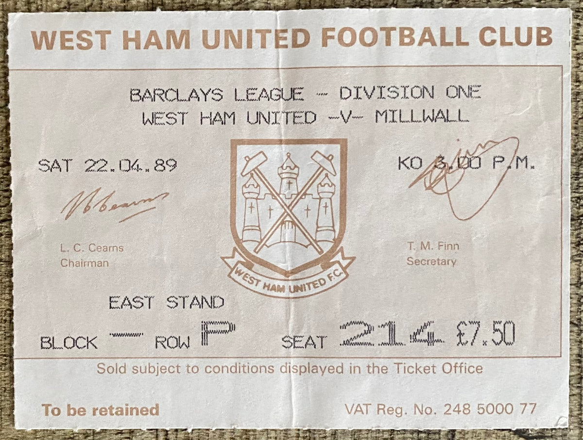 1988/89 ORIGINAL DIVISION ONE TICKET WEST HAM UNITED V MILLWALL