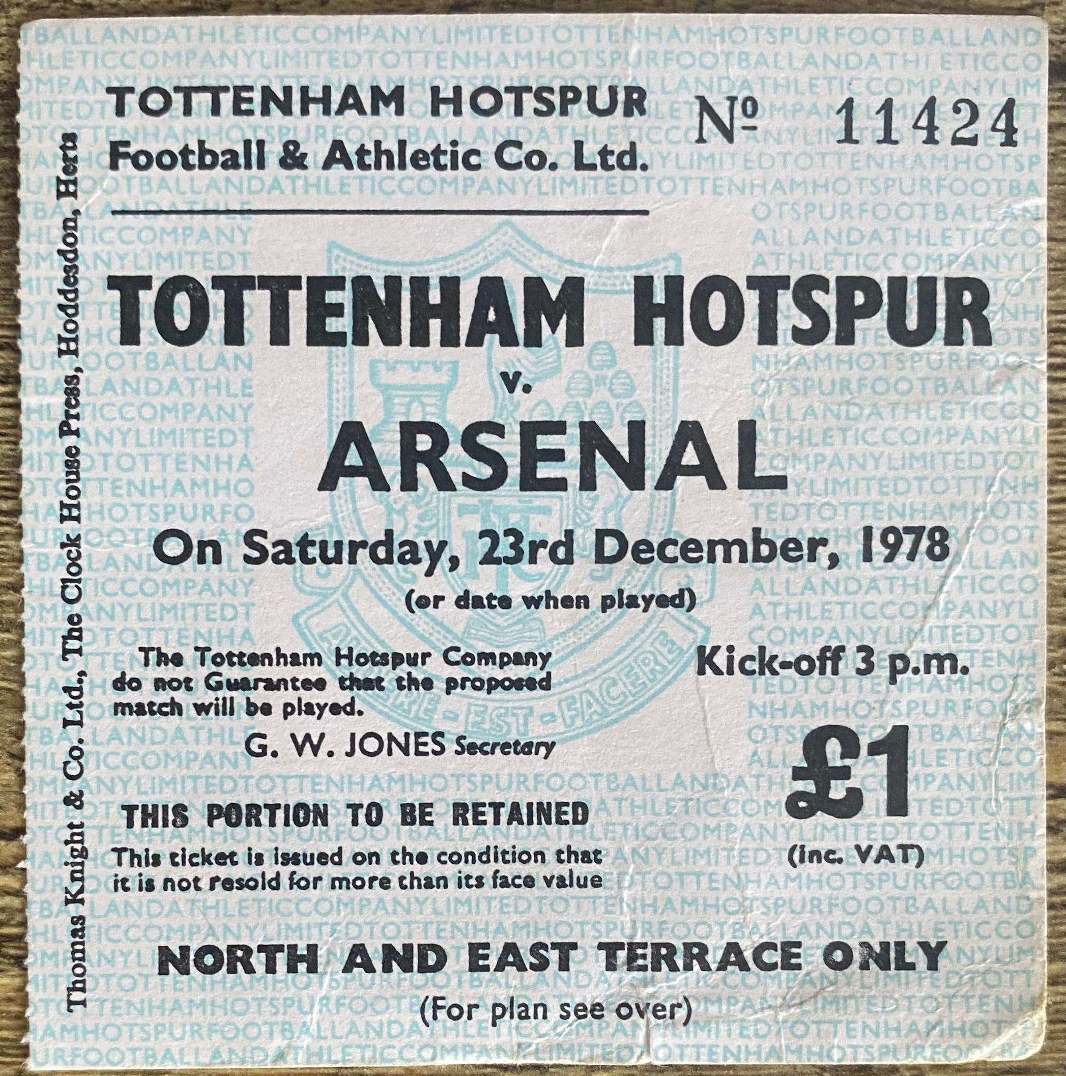 1978/79 ORIGINAL DIVISION ONE TICKET TOTTENHAM HOTSPUR V ARSENAL