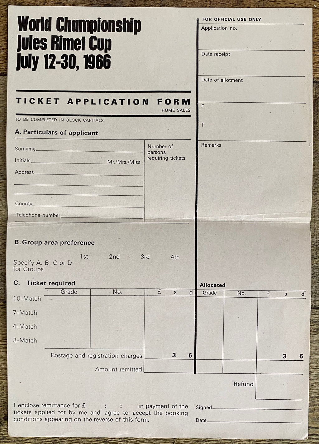 1966 WORLD CUP ORIGINAL OFFICIAL TICKET APPLICATION FORM
