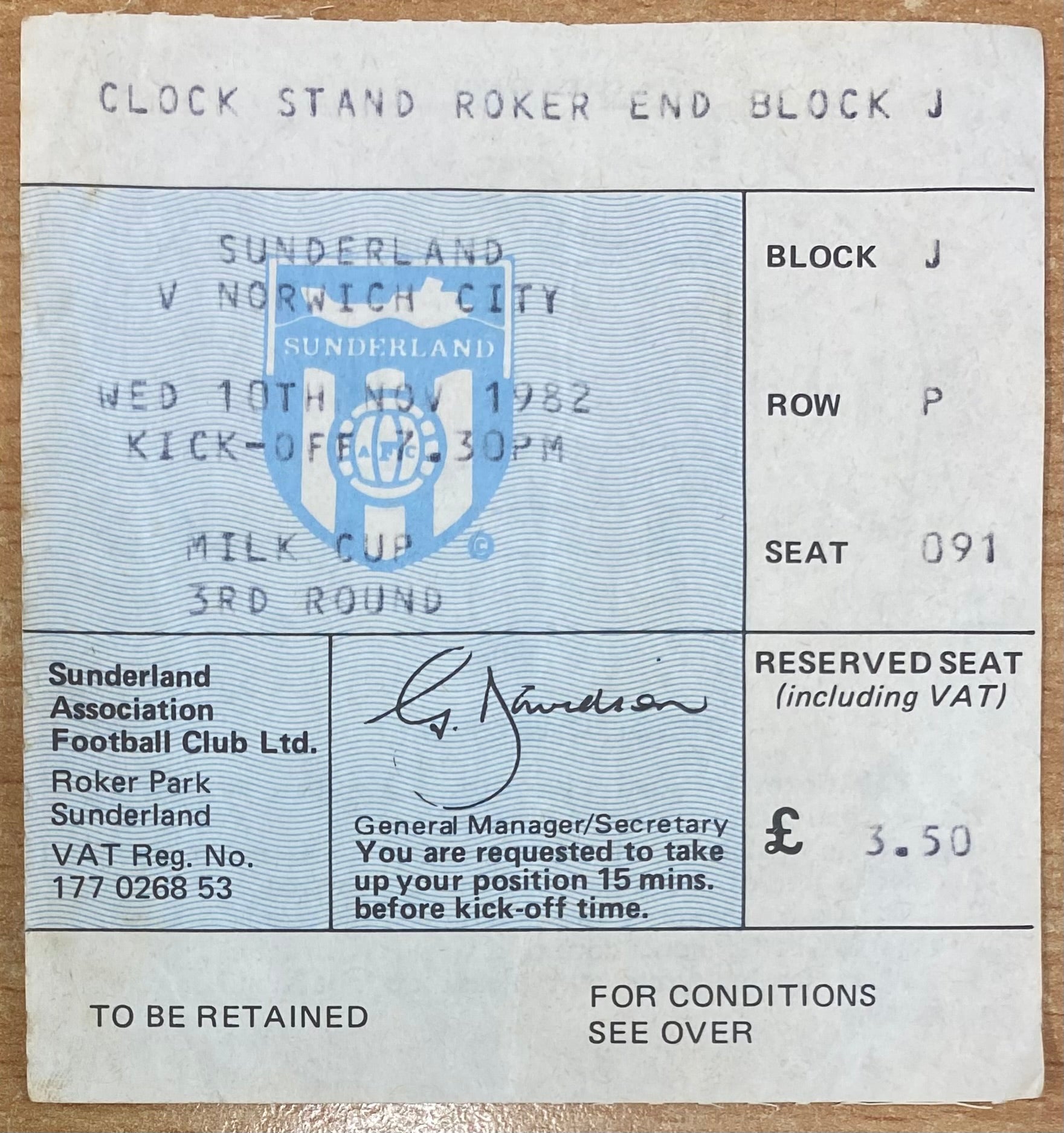 1982/83 ORIGINAL DIVISION 1 TICKET SUNDERLAND V NORWICH CITY