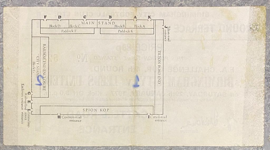 1976/77 ORIGINAL FA CUP 4TH ROUND TICKET BIRMINGHAM CITY V LEEDS UNITED