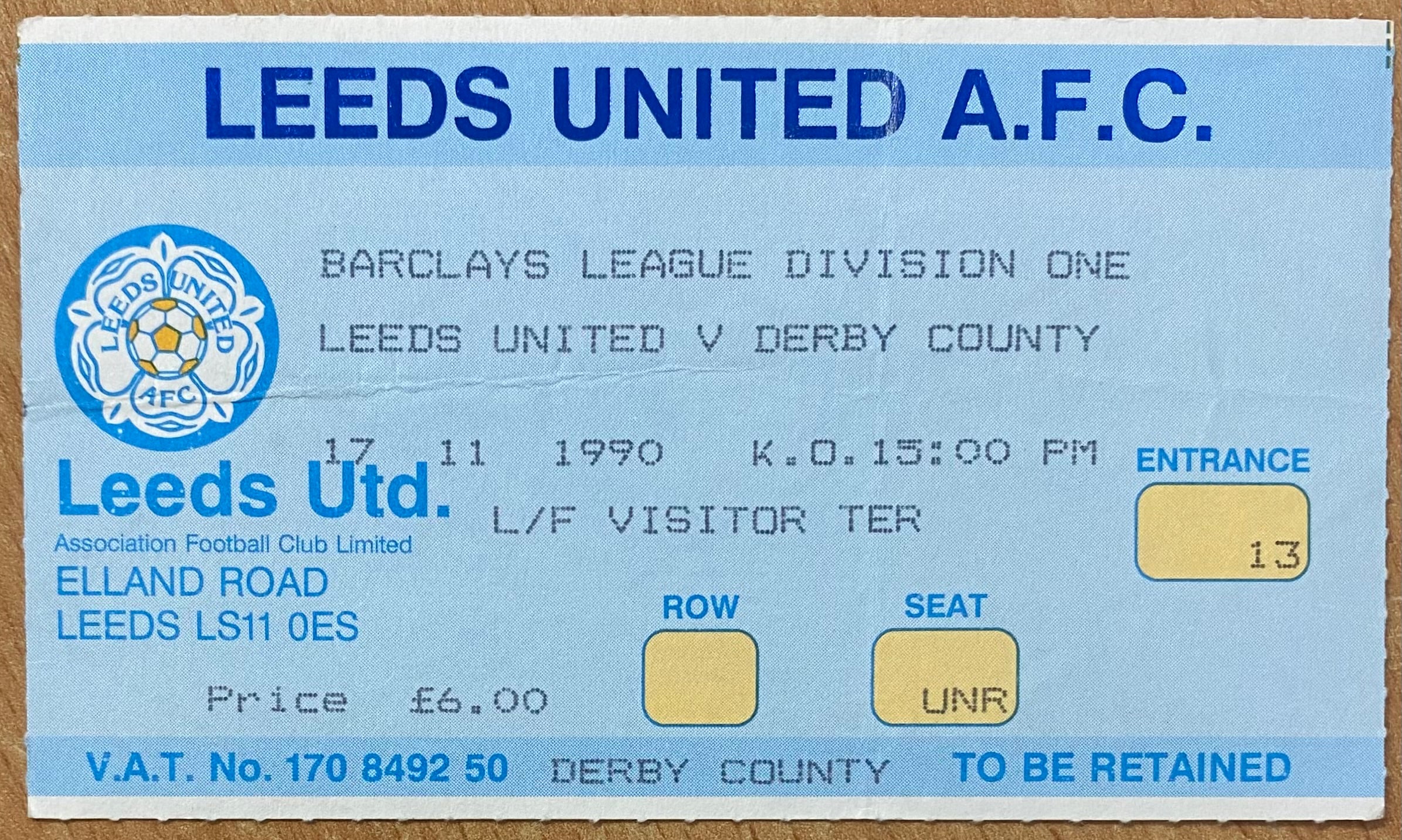 1990/91 ORIGINAL DIVISION 1 TICKET LEEDS UNITED V DERBY COUNTY