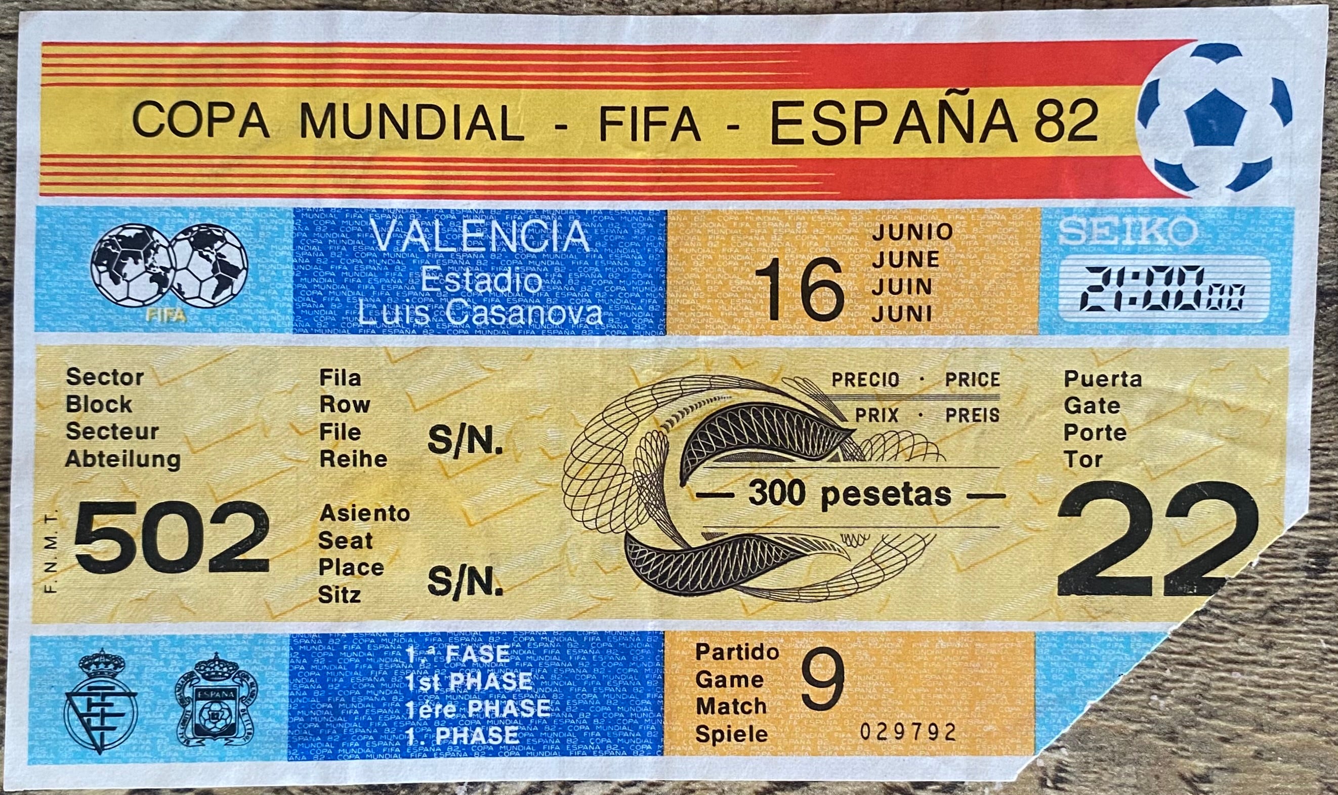1982 ORIGINAL WORLD CUP 1ST ROUND  TICKET SPAIN V HONDURAS @ VALENCIA