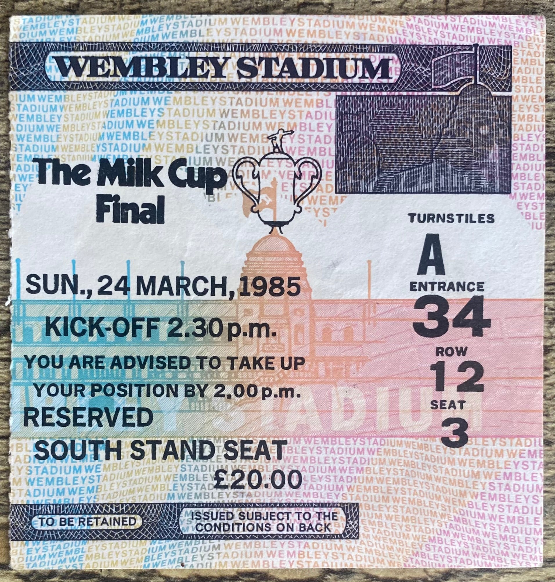 1985 ORIGINAL MILK CUP FINAL TICKET NORWICH V SUNDERLAND
