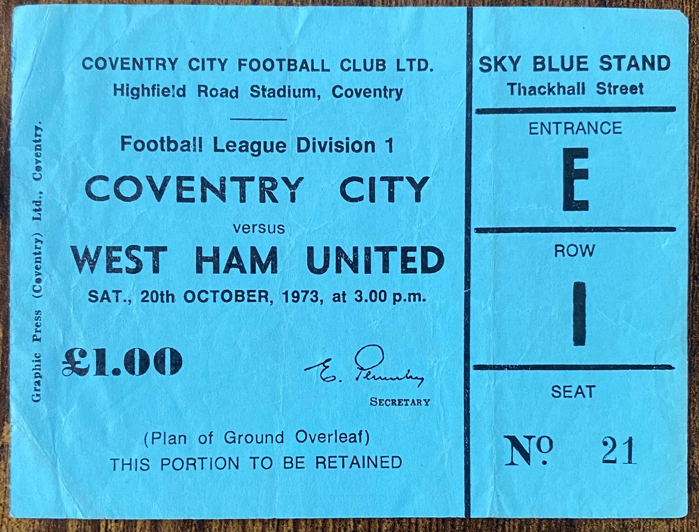 1973/74 ORIGINAL DIVISION 1 TICKET COVENTRY CITY V WEST HAM UNITED