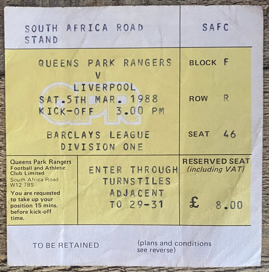 1987/88 ORIGINAL DIVISION ONE TICKET QUEENS PARK RANGERS V LIVERPOOL