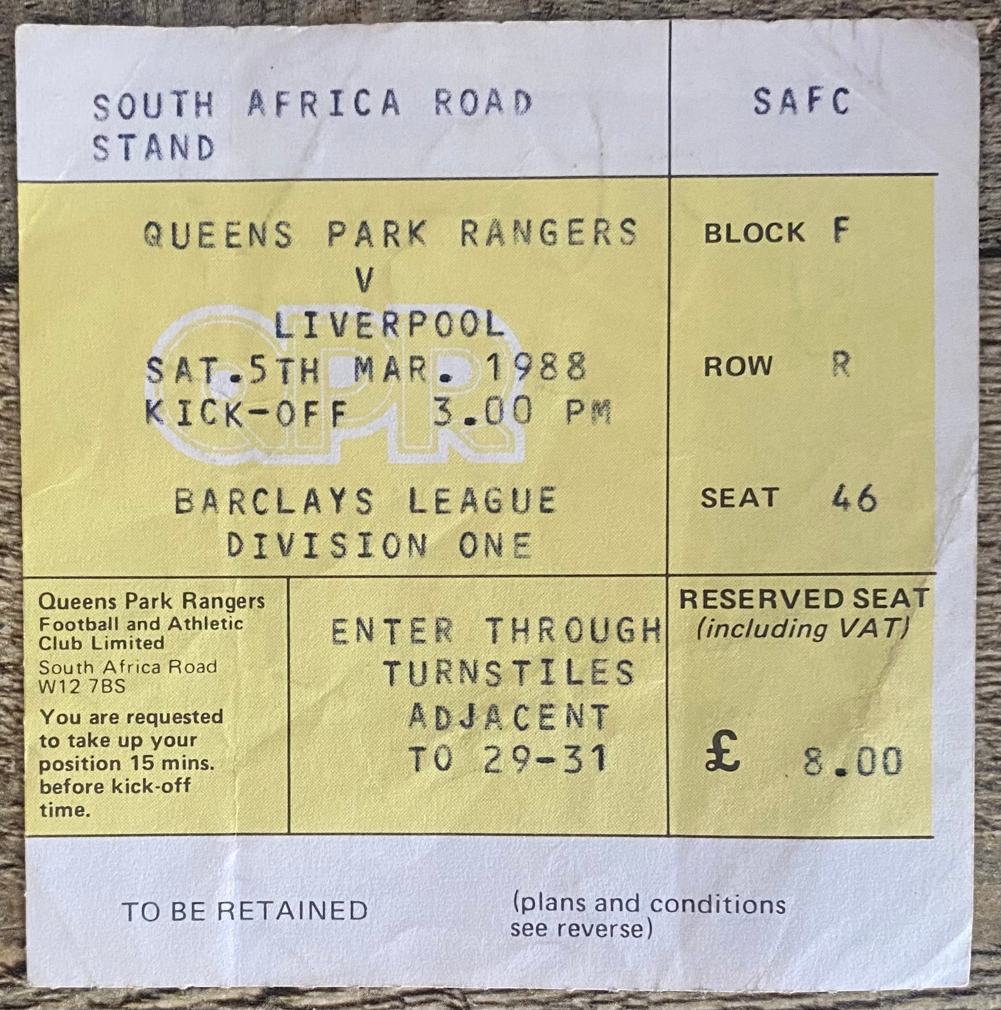 1987/88 ORIGINAL DIVISION ONE TICKET QUEENS PARK RANGERS V LIVERPOOL