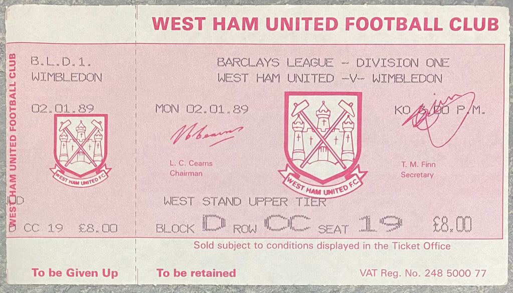 1988/89 ORIGINAL DIVISION ONE UNUSED TICKET WEST HAM UNITED V WIMBLEDON