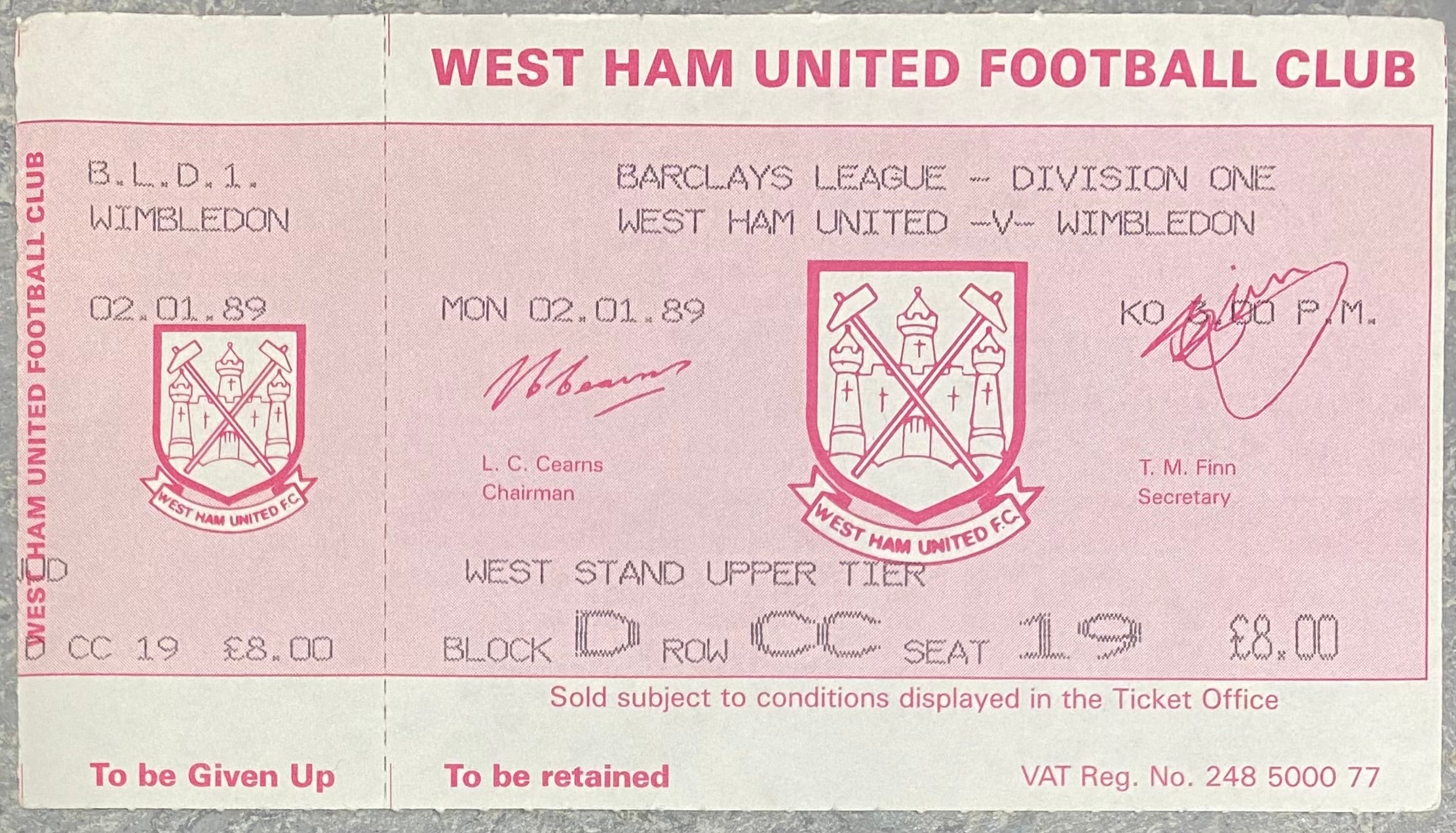 1988/89 ORIGINAL DIVISION ONE UNUSED TICKET WEST HAM UNITED V WIMBLEDON