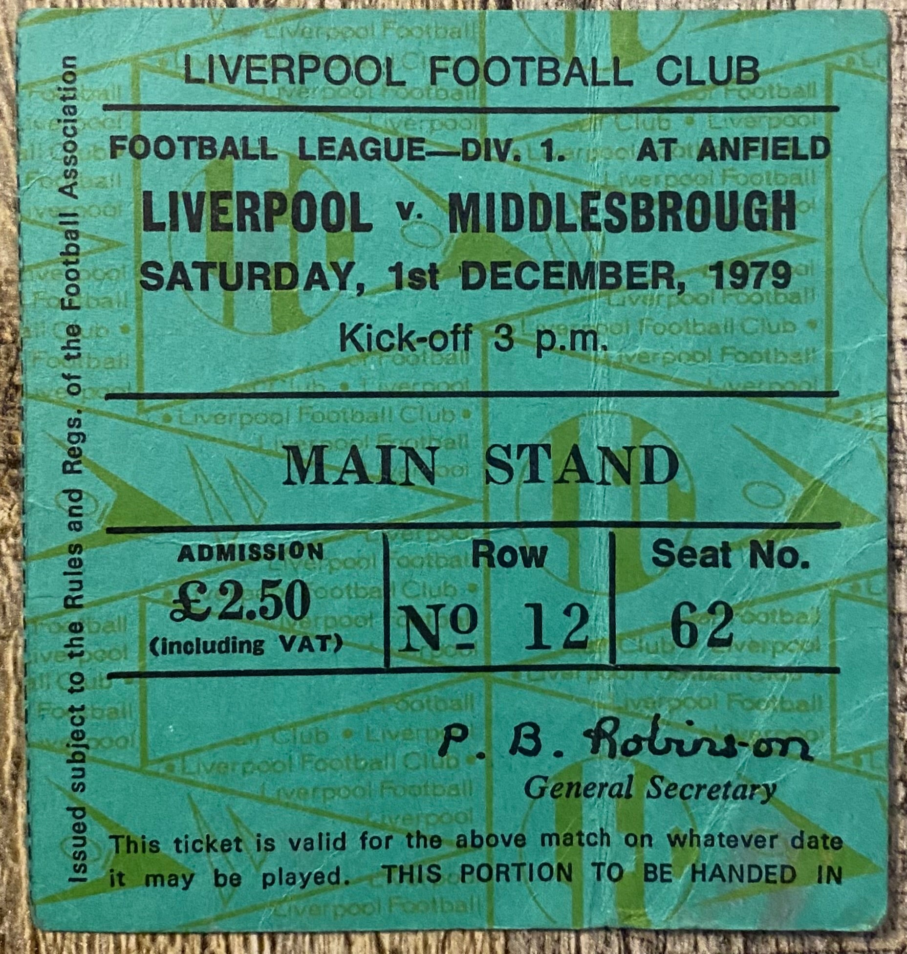 1979/80 ORIGINAL DIVISION ONE TICKET LIVERPOOL V MIDDLESBROUGH