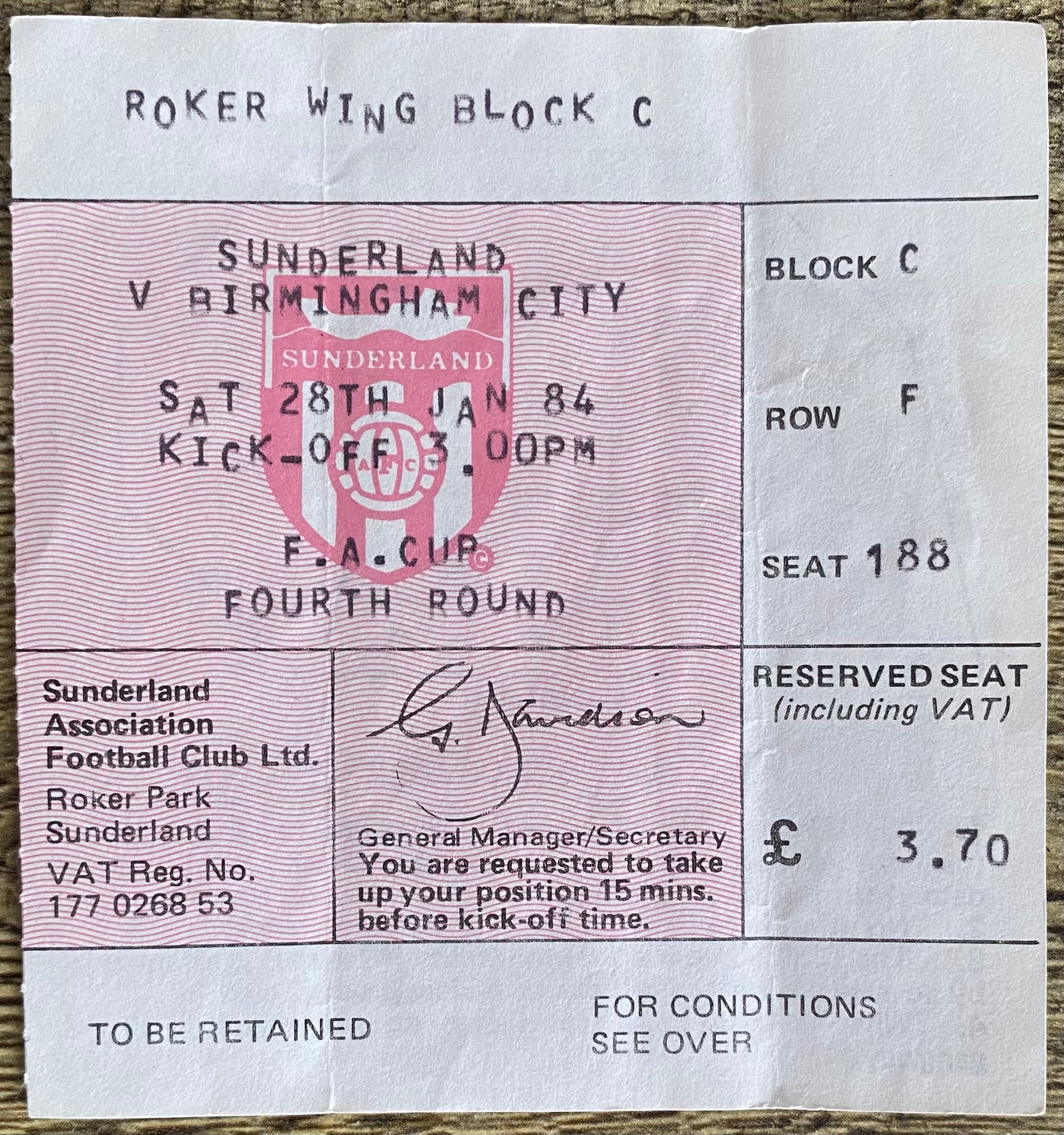 1983/84 ORIGINAL FA CUP 3RD ROUND TICKET SUNDERLAND V BIRMINGHAM CITY